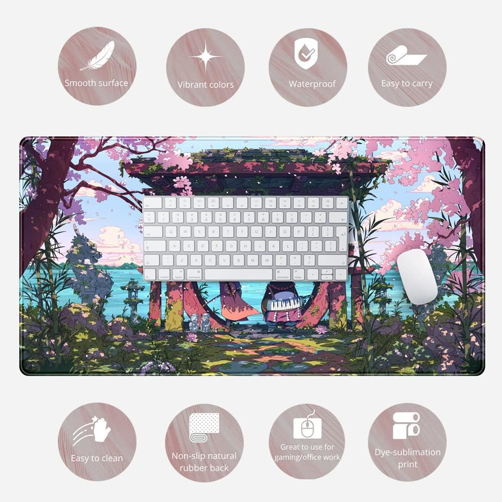 Pink Japan Desk Pad Anime Gaming Green Mouse Large for Computer Pc Laptop Office Decor Women, Keyboard Stitched Edges Non-Slip Rubber Mat (31.5X15.7 In) image number 1