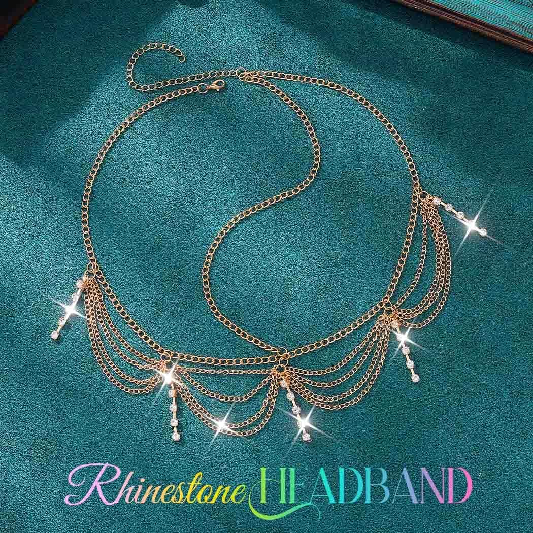Fashband Boho Head Chain Gold Rhinestone Headpiece Tassels Festival Hair Accessories Bridal Wedding Hair Chain Jewelry for Women and Girls