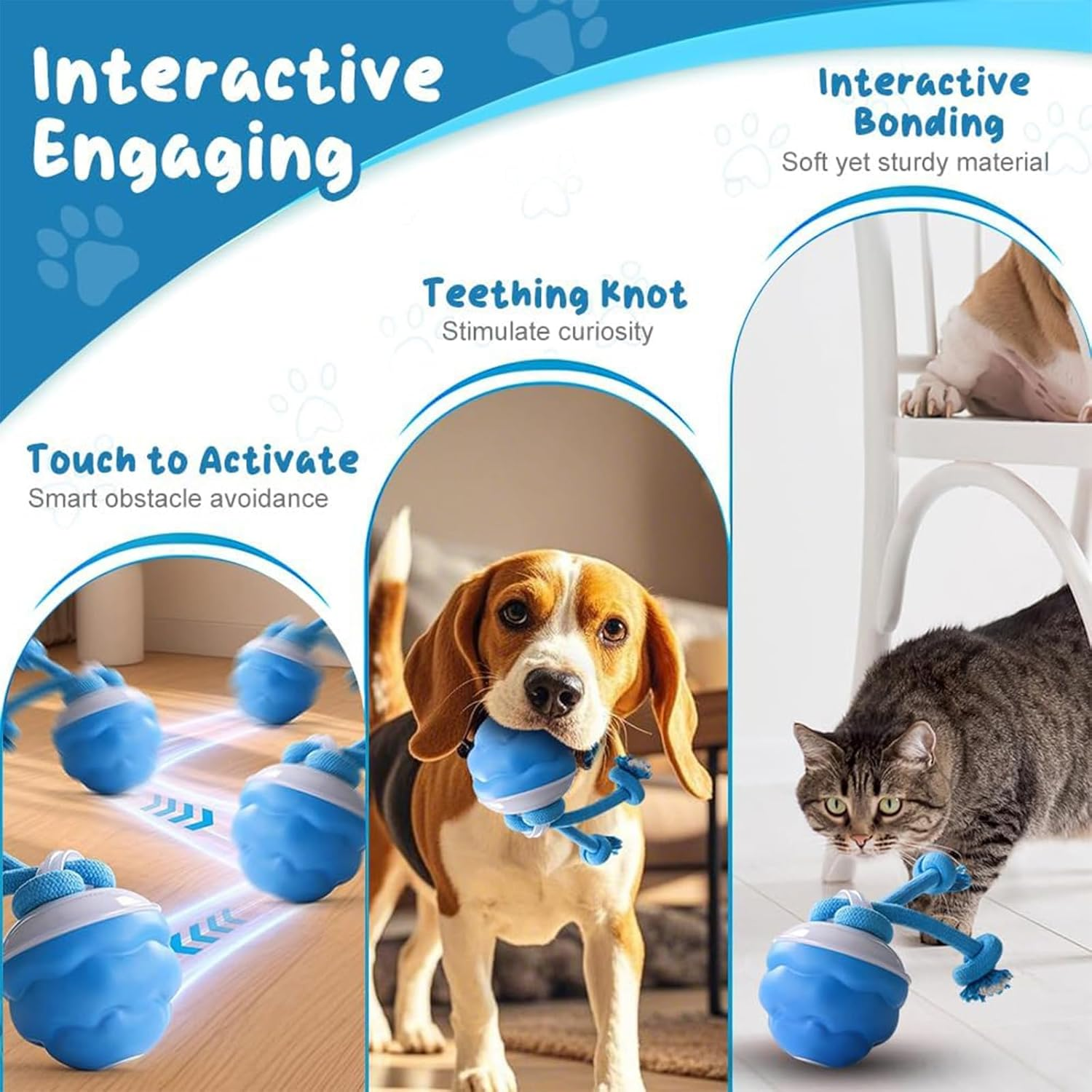 Interactive Dog Ball Toy, USB Rechargeable Squeaky Interactive Rolling Dog Toys Ball, Automatic Moving Dog Ball Chew Toy with Fun Rope for Small/Medium/Large Dog Cat Indoor/Outdoor Boredom Enrichment