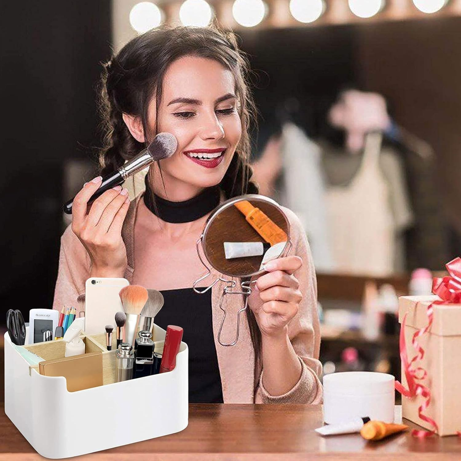 Wooden Desktop Pen, Wooden Desktop Organiser, Bamboo Desk Organiser, Storage Box with Removable Compartments, Multifunctional Storage Box, Desk Accessories image number 1