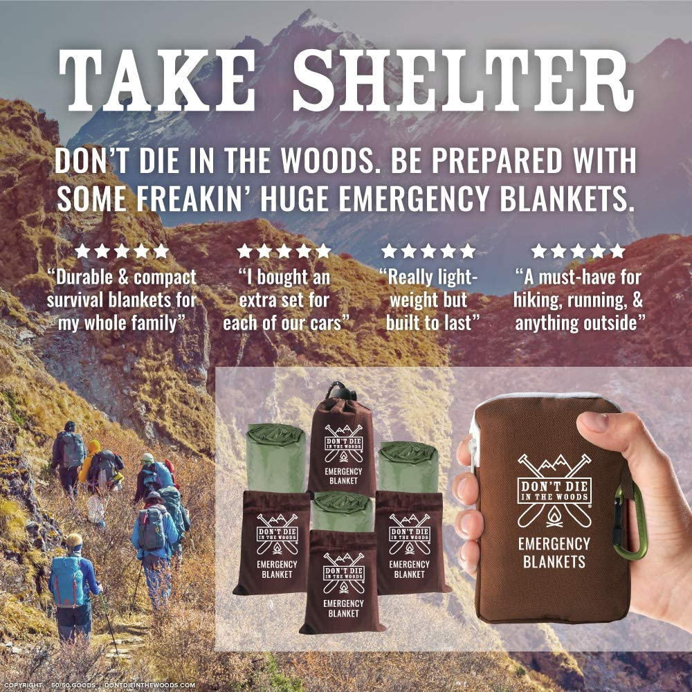 Don'T Die in the Woods - Freakin&rsquo; Huge Emergency Blankets [4-Pack] Extra-Large Thermal Mylar Space Blankets with Ripstop Nylon Stuff Sacks + Carabiner Zipper Pack [Army Green] image number 2