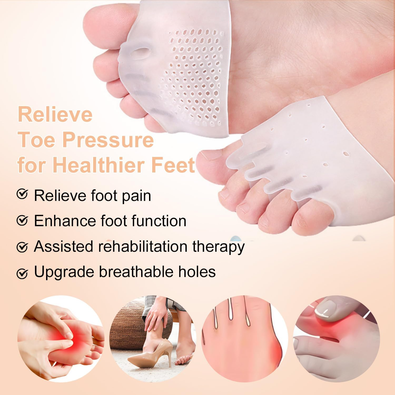 Silicone Toe Separators for Women & Men, 4 Packs Toe Separators Bunion Corrector Cushion, Breathable Soft and Comfortable Gel Foot Cushions, Multiple Colors (4 Pairs) image number 5