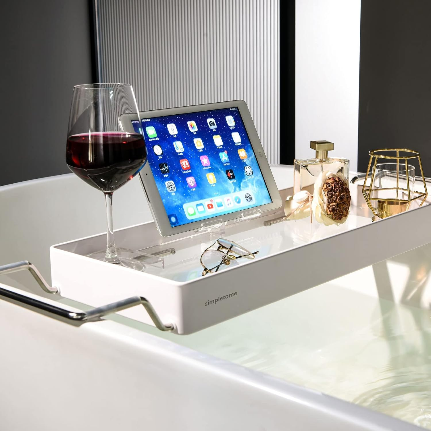 Simpletome Bathtub Tray Expandable, Floating Clear Acrylic with Aluminum Alloy, Anti-Slip (White) - White image number 5