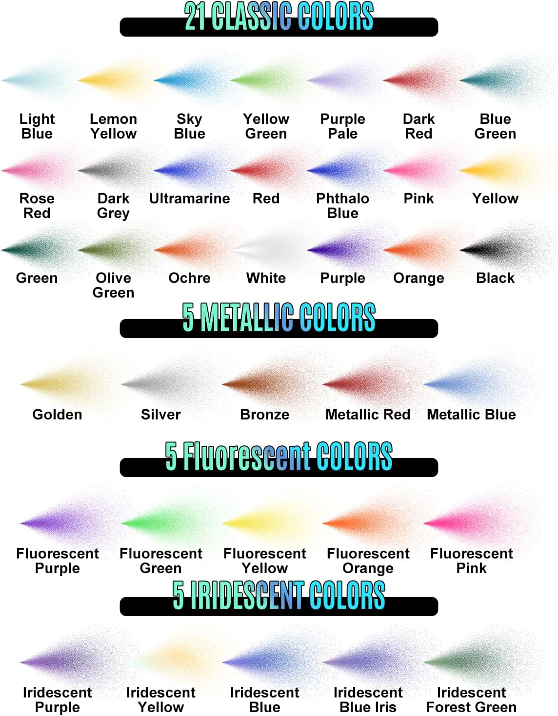 Roizefar Airbrush Paint, 36 Colors with 4.05 Fl Oz Thinner & 4.05 Fl Oz Cleaner, Water-Based Air Brush Paints Acrylic Ready to Spray, Includes Iridescent, Metallic, Neon, Classic Colors, 20Ml/Bottle - 18 Colors image number 6