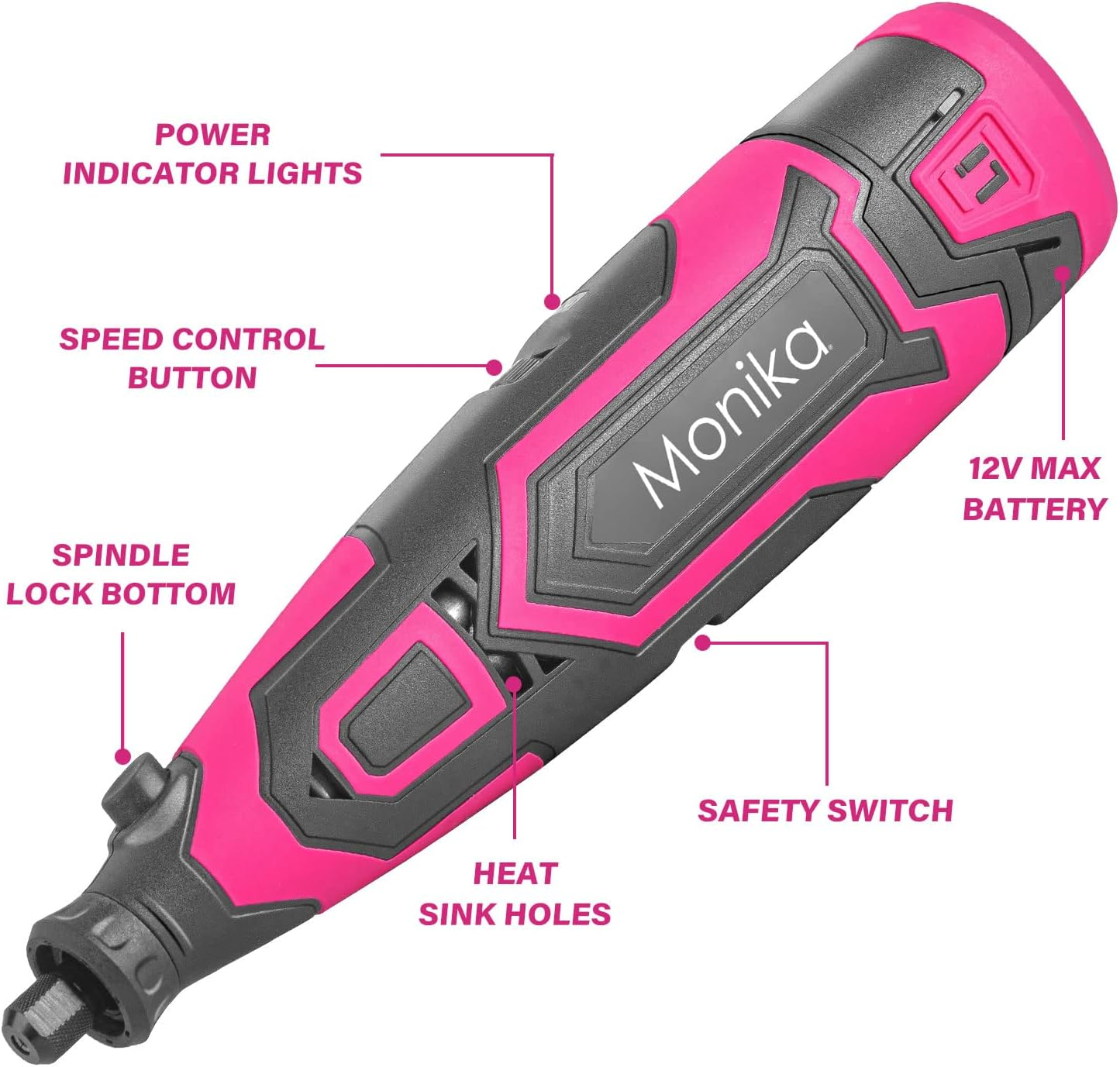 Monika 12V Cordless Rotary Tool Pink Variable Speed Electric Engraver Grinder Multi Accessories Speed 5000-25000Rpm Electric Drill Set for Cutting Sanding Engraving Polishing W/Charger image number 6