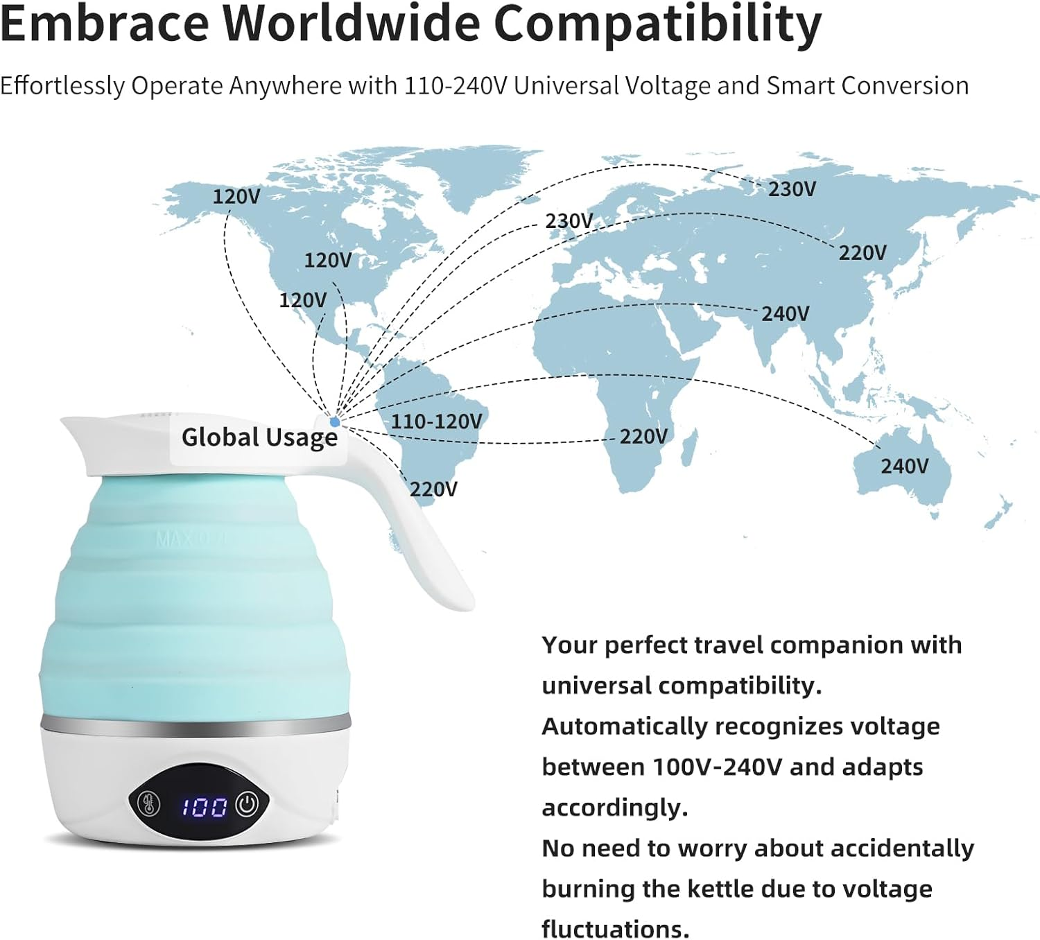 AUCOO - Portable Folding Electric Travel Kettle Foldable Boiling Water Suitable for 110V and 220V Dual Voltage, for Tea and Coffee, 850W Small Mini Silicone Electric Teapot Without image number 2