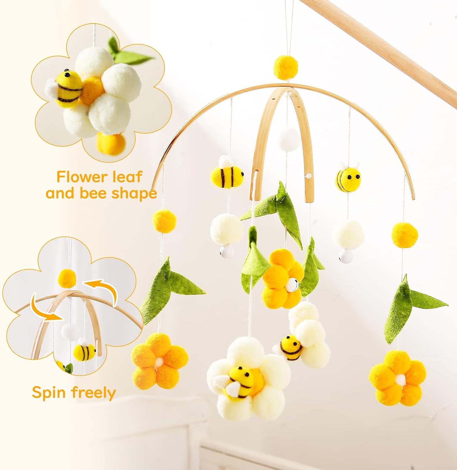 Youuys Mobile Baby Wooden with Felt Balls, Bees and Flowers, Baby Mobile Wind Chime, Bed Bell Pendant for Baby Bed, Nursery Decoration, Gift for Baby Girls or Boys image number 5