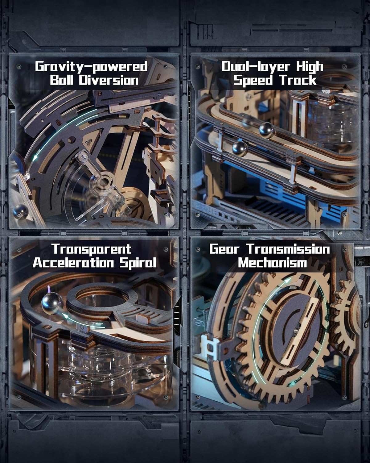 3D Puzzles for Adults, Electric 3D Puzzle Marble Run, Marble Spaceport, Wooden Model Building Kits for Teens to Build, Desk Decor for Boys Girls