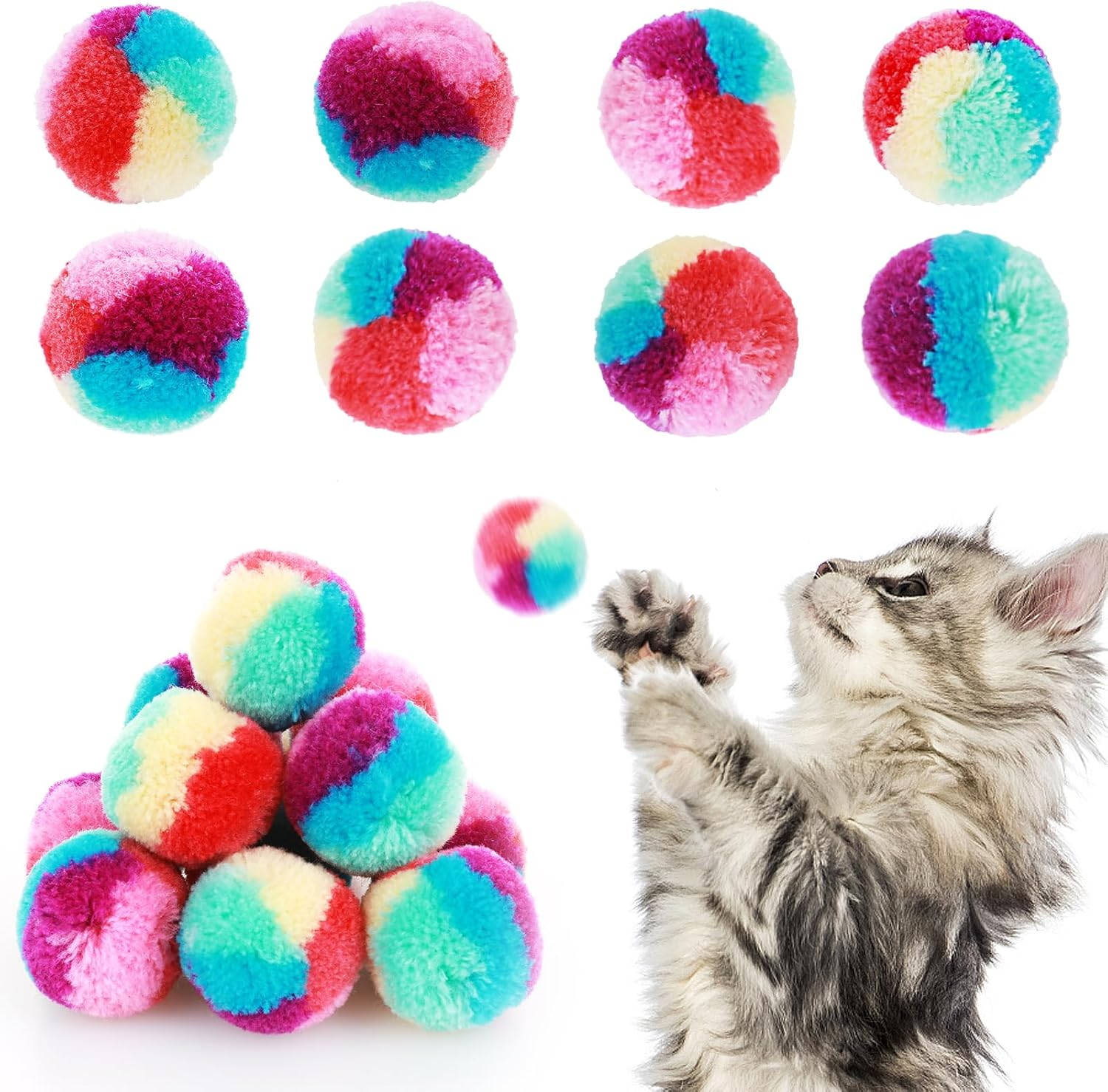 GEEHUA Pack of 20 Colourful Cat Toys Balls, 3.0 Cm Rainbow Cat Toy Balls, Soft Plush Cat Ball, Interactive Toy, Training Ball, Toy for House Cats, Kittens Play image number 6