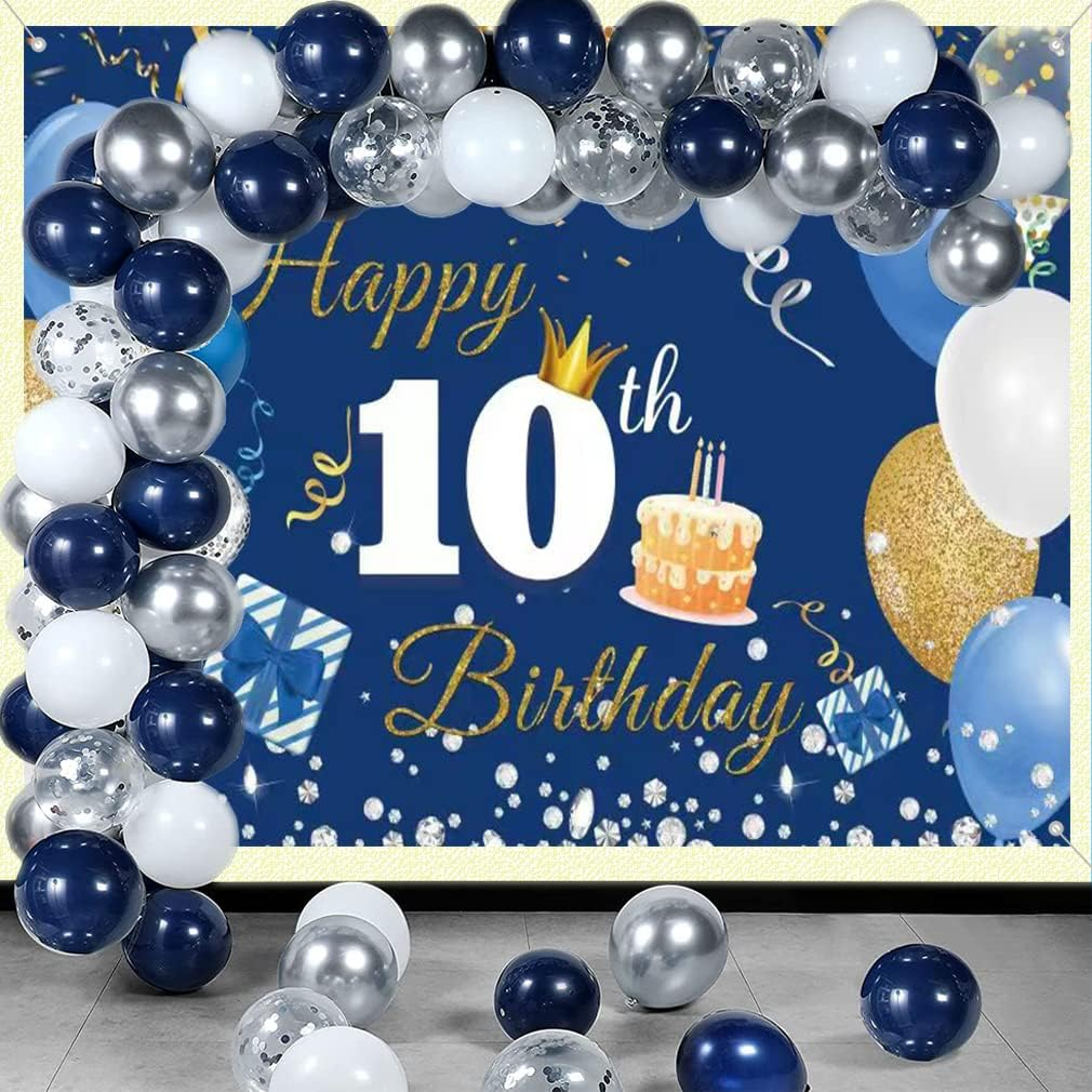 10Th Birthday Decorations Happy 10Th Birthday Backdrop Banner for Boys/Girls Happy 10 Years Old Fabric Sign Poster, Blue Photography Background 10Th Birthday Party Supplies, 59"X35.4" image number 1