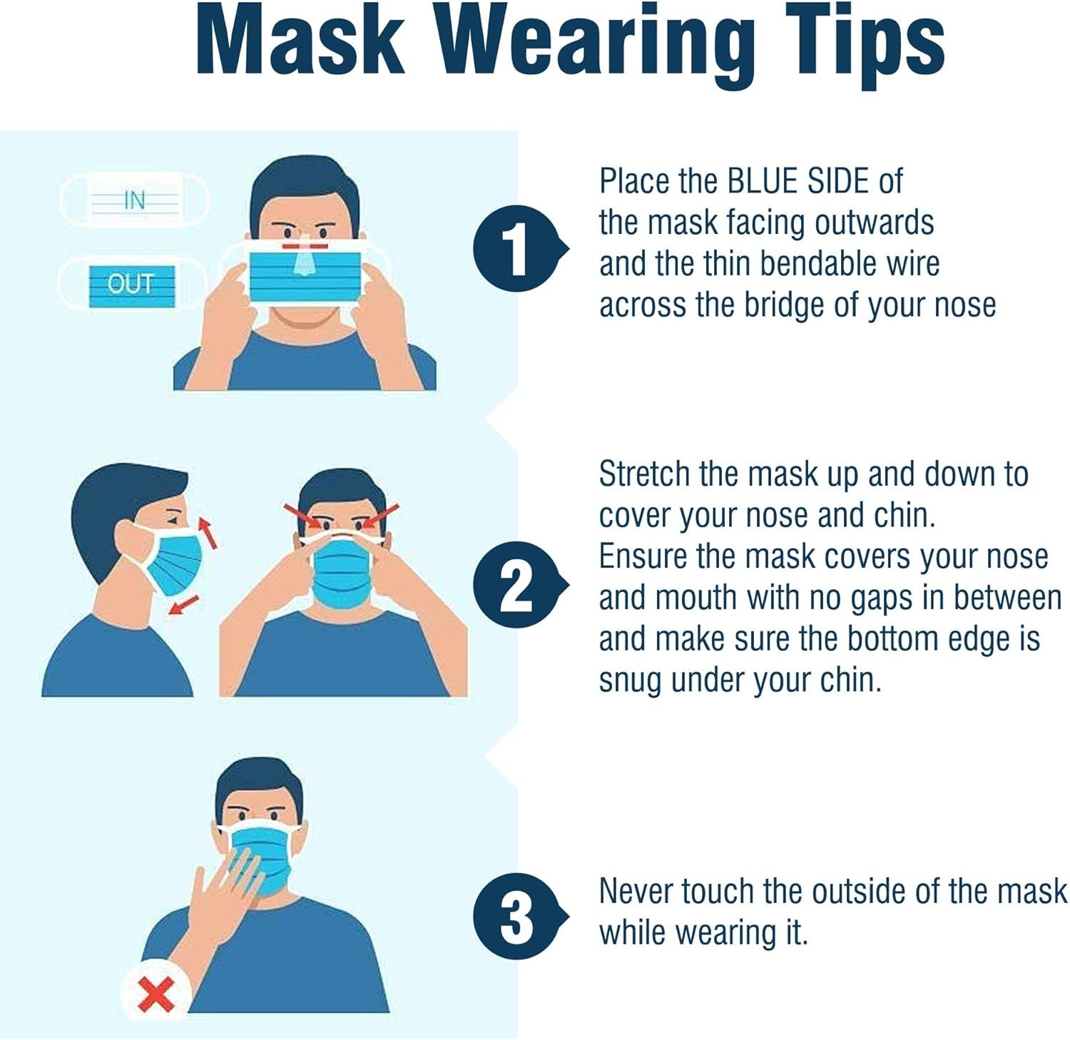 Wecare Individually Wrapped Disposable Face Masks - 50 Pack, Blue - Soft on Skin - 3 Ply Protectors with Elastic Earloops - Latex Free, Non Woven, Single Use - Effective Filtration - Retail Packaging image number 2