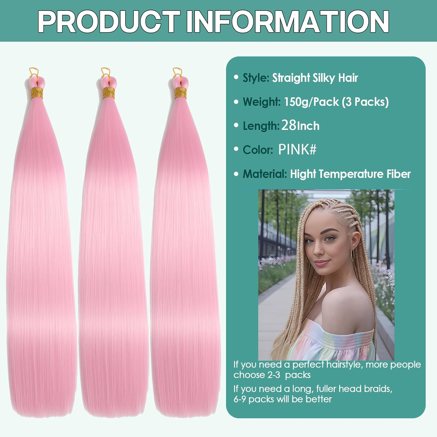 Locescsoc 28 Inch Straight Hair Extensions 150 G 3 Packs Bone Straight Braiding Hair, Soft Synthetic Bundles Crochet Braids Hair Bundles for Braiding (Pink1#, 28 Inch 3 Packs) image number 6