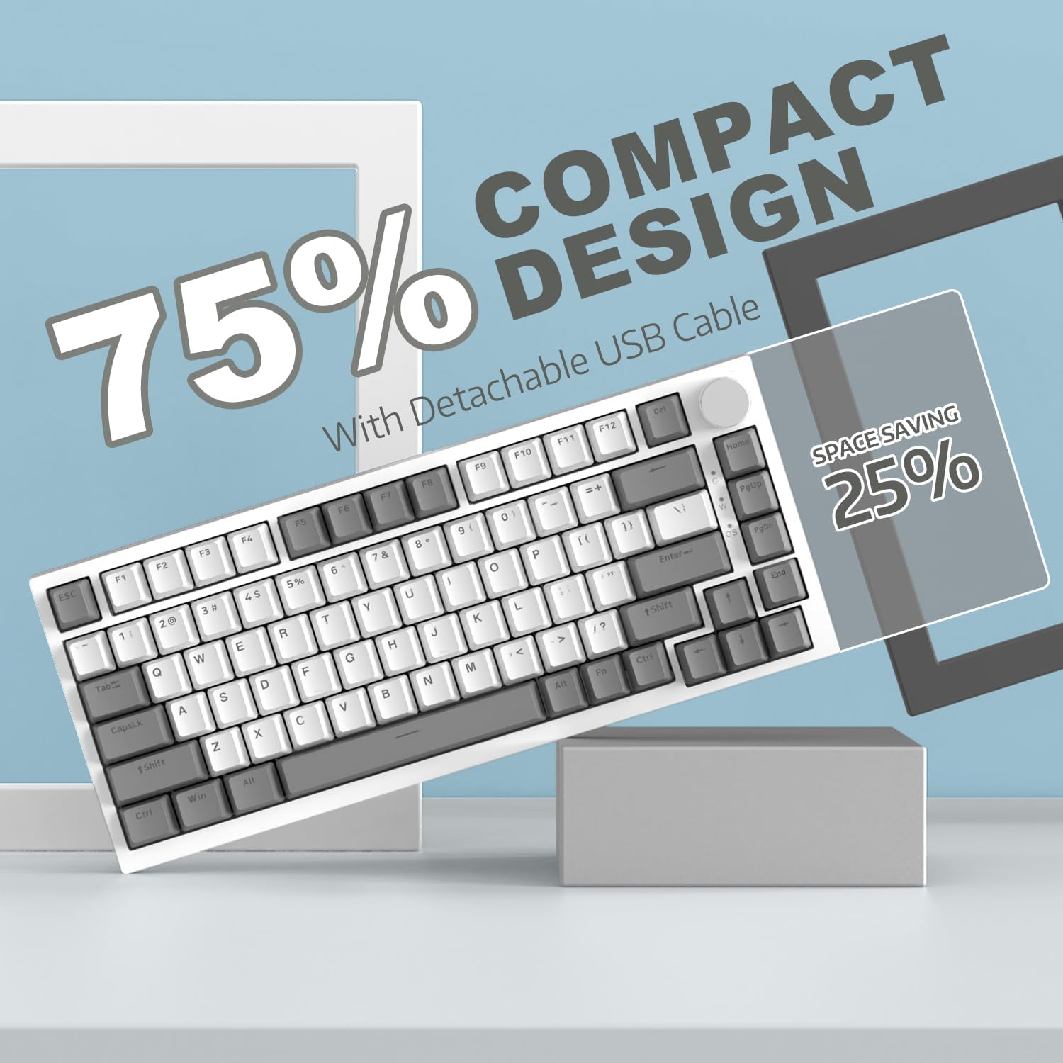 YINDIAO AK820 Mechanical Keyboard with CNC Knob Control,75% ANSI Layout,82Keys Gasket Mount Wired Gaming Keyboard,5 Sound Absorbing Foam,Hot-Swappable,White Backlit,For PC,MAC (Grey&White) image number 5