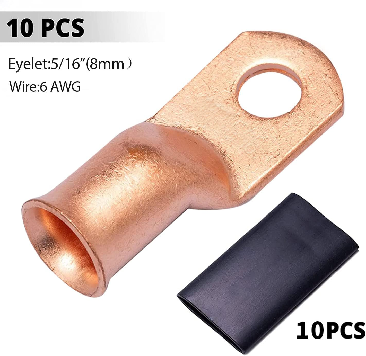 10 Pcs 5/16" Ring (M8) Heavy Duty Copper Wire Lugs Battery Cable Ends Bare Copper Eyelets Tubular Ring Terminal Connectors Assortment Kit,6 AWG/ 13.3Mm&sup2; Crimp Wire Ring Lugs with 10Pcs Heat Shrink Set image number 5
