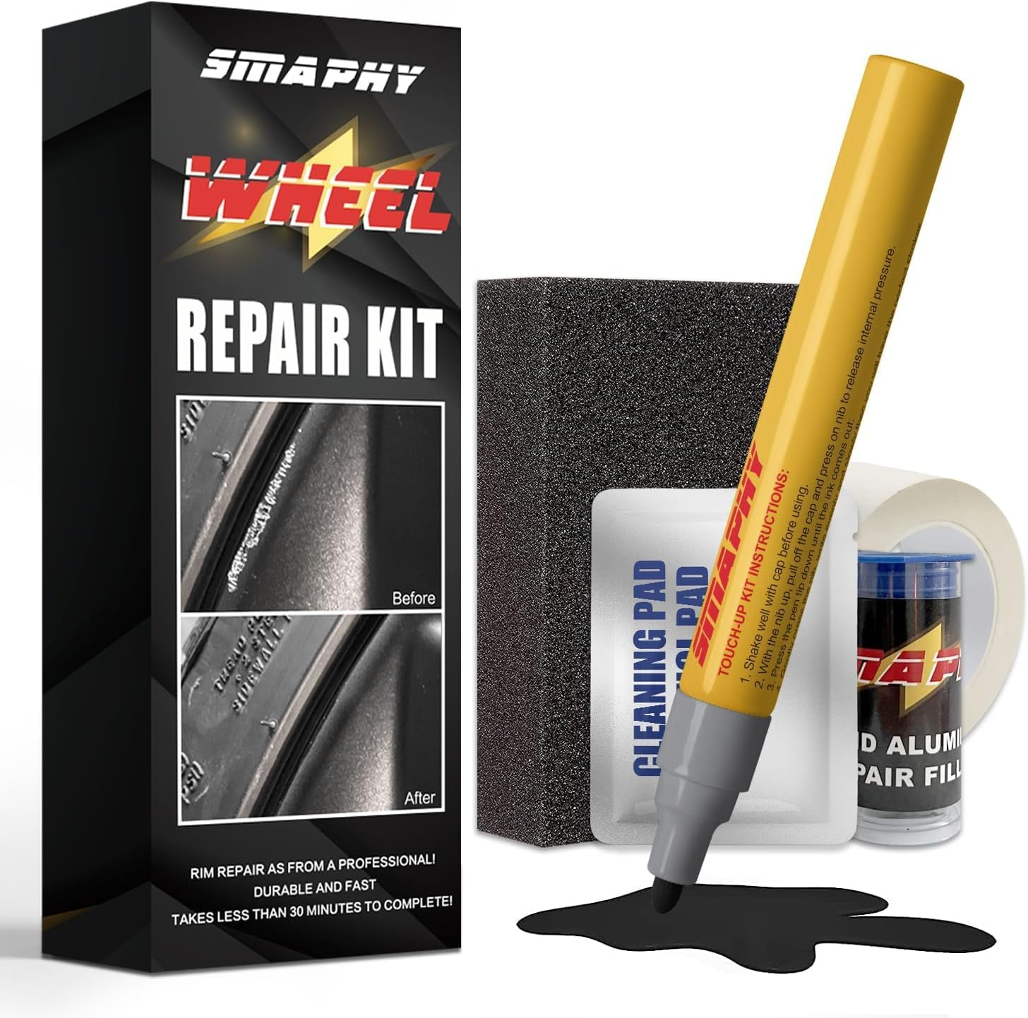 Smaphy Wheel Repair Kit Quick and Easy, Wheel Touch up Kit, Car Rim Repair Kit, Quick Repair Car Wheel, Repairing Larger Areas of Damage (Gloss Black/Liquid Aluminium Filler)