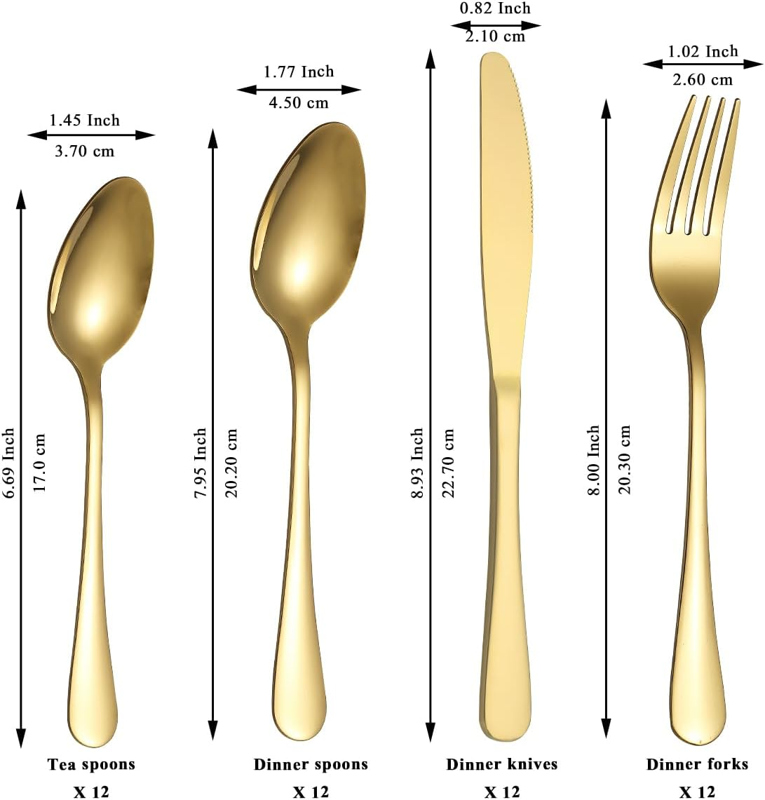 Gold Cutlery Set 48 Pieces Service for 12, Berglander Titanium Gold Coating Handle Stainless Steel Flatware Set, Knives Forks Spoons Silverware Set image number 6