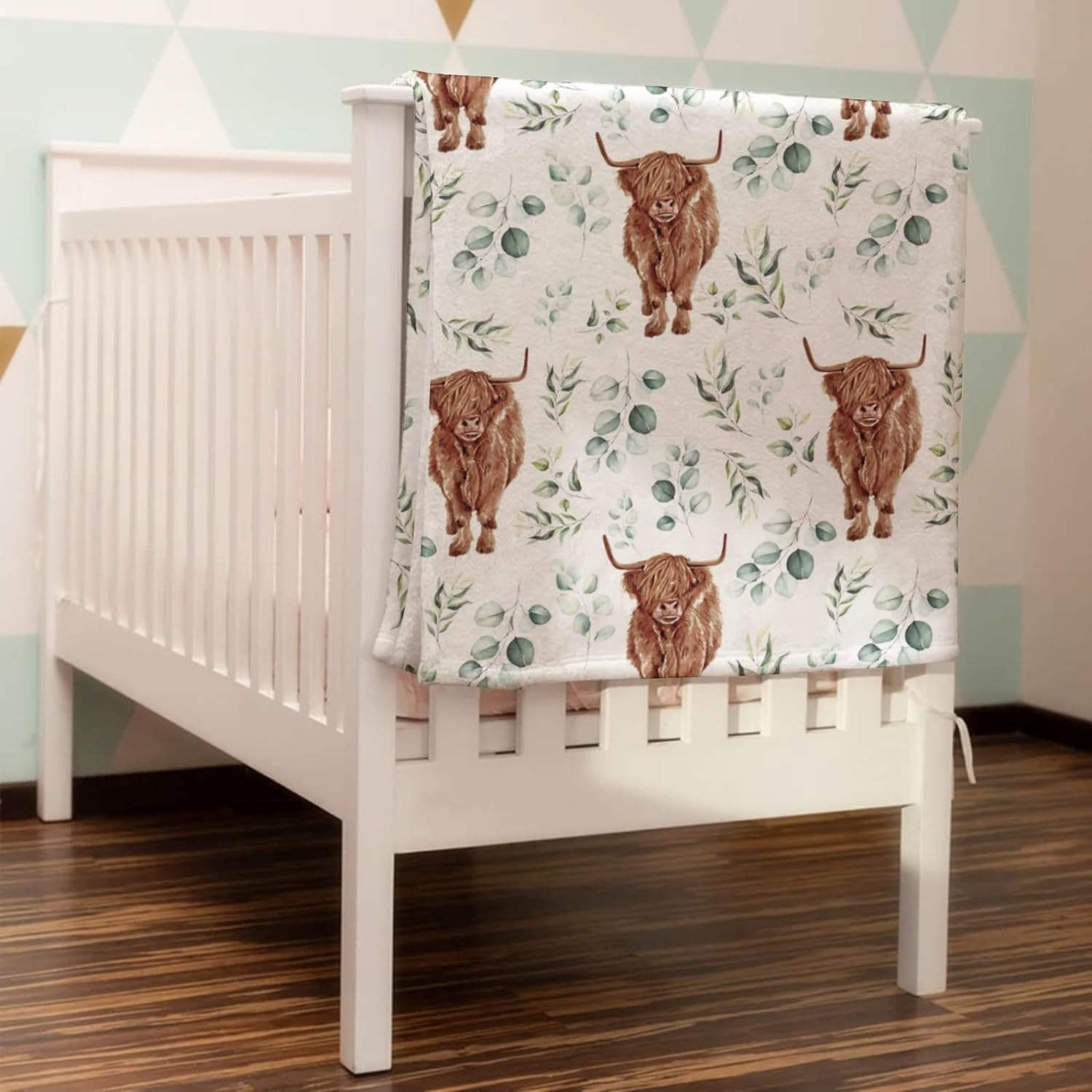 Hawskgfub Baby Toddler Boy Girl Highland Cow Eucalyptus Leaves Neutral Blanket Gift, Nursery Farm Animal Flannel Fleece Swaddling Blankets, Western Yak Soft Newborn Baby Shower Kids Crib Bedding 30X40 image number 2