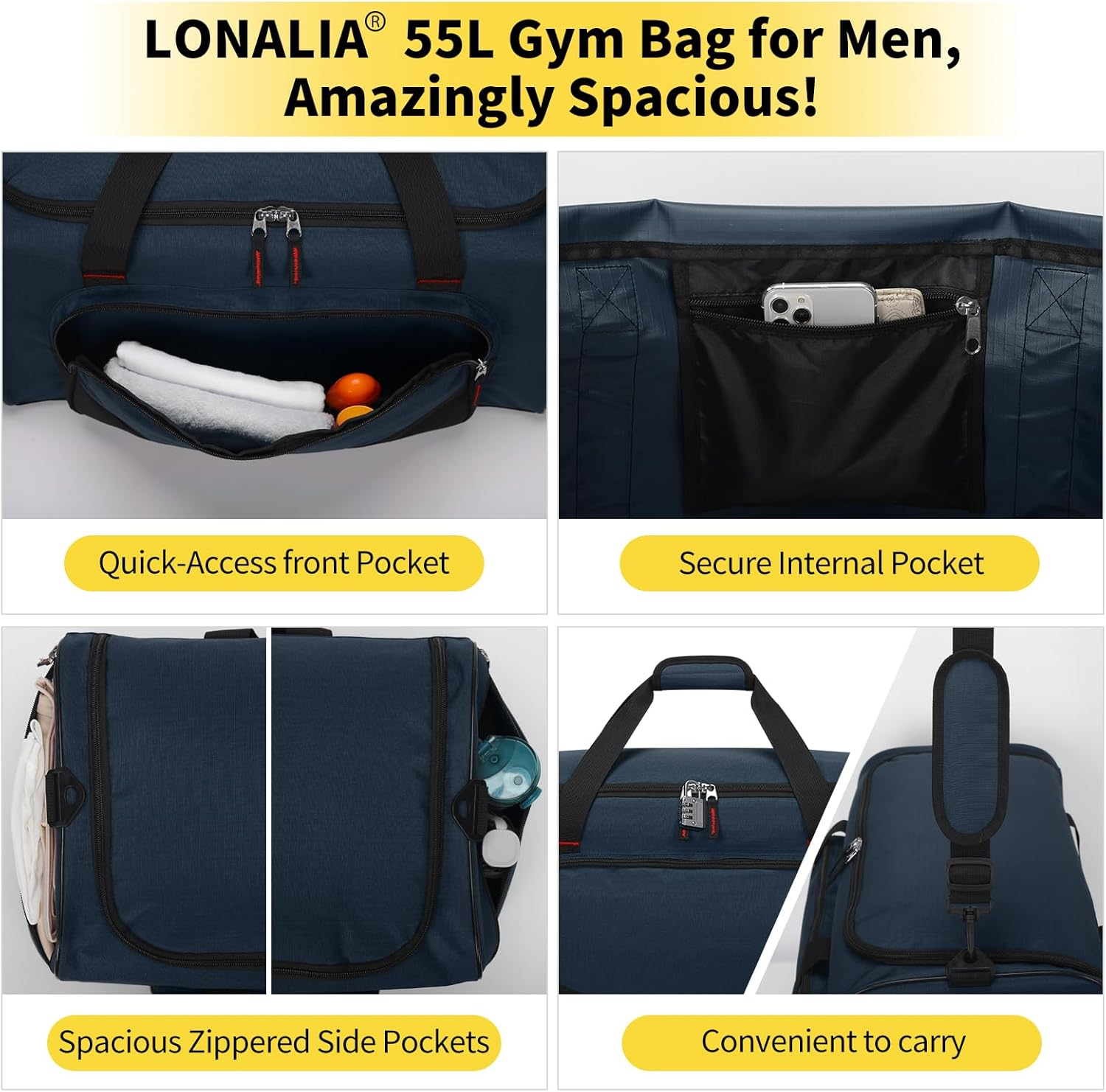 LONALIA 55L Large Gym Sports Duffle Bag for Men, Navy Blue, Sports Holdall Bags 22 Inch, LONALIA 55L Sports Holdall Bags for Men - Black image number 2
