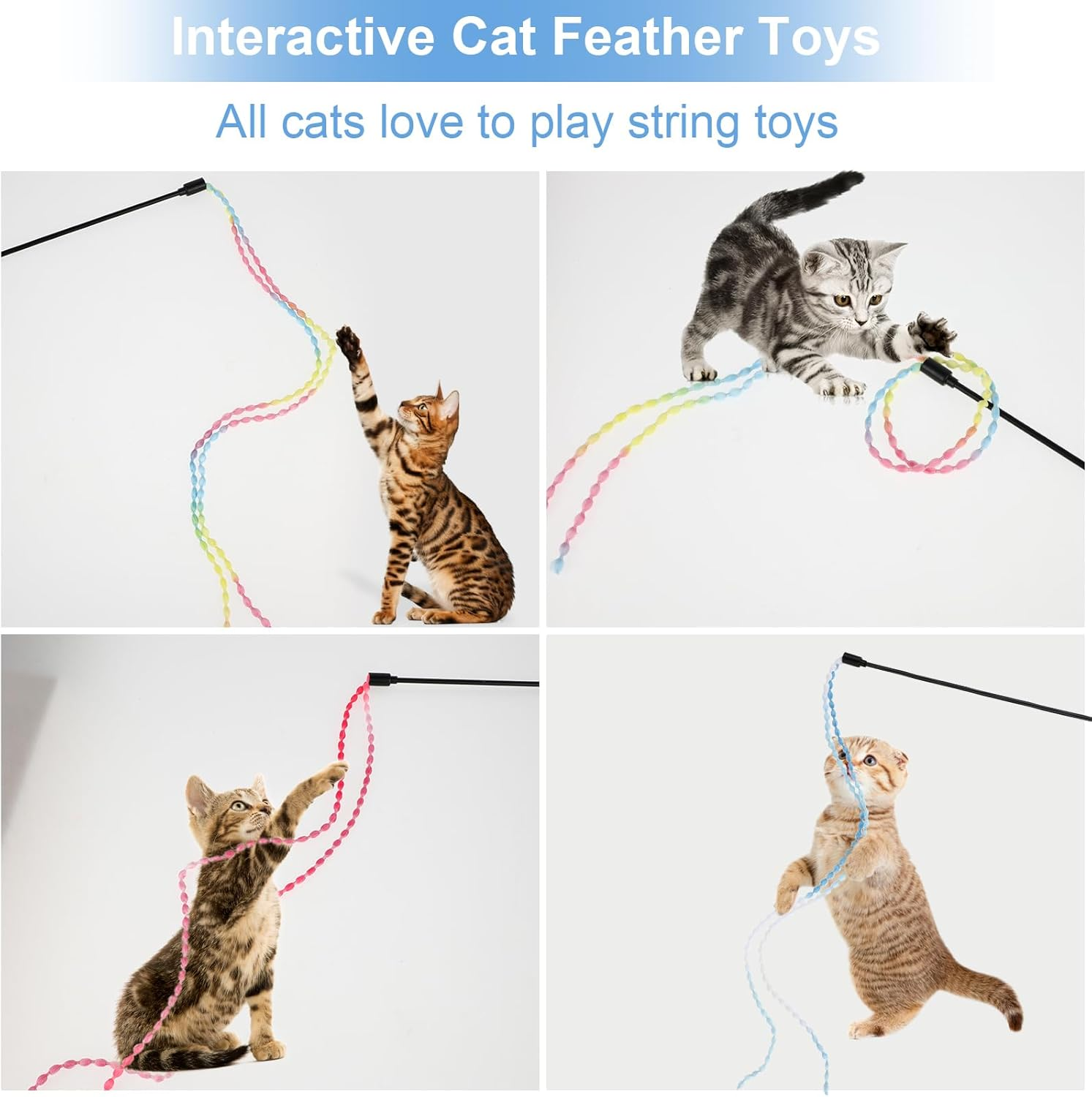 Amaxiu Cat Rainbow Wand Toys, 3Pcs Interactive Cat Teaser Wand String Toys for Indoor Gradient Color Ribbon Charmer for Kittens Exerciser Playing Teaser Training Catcher(Style A) image number 5