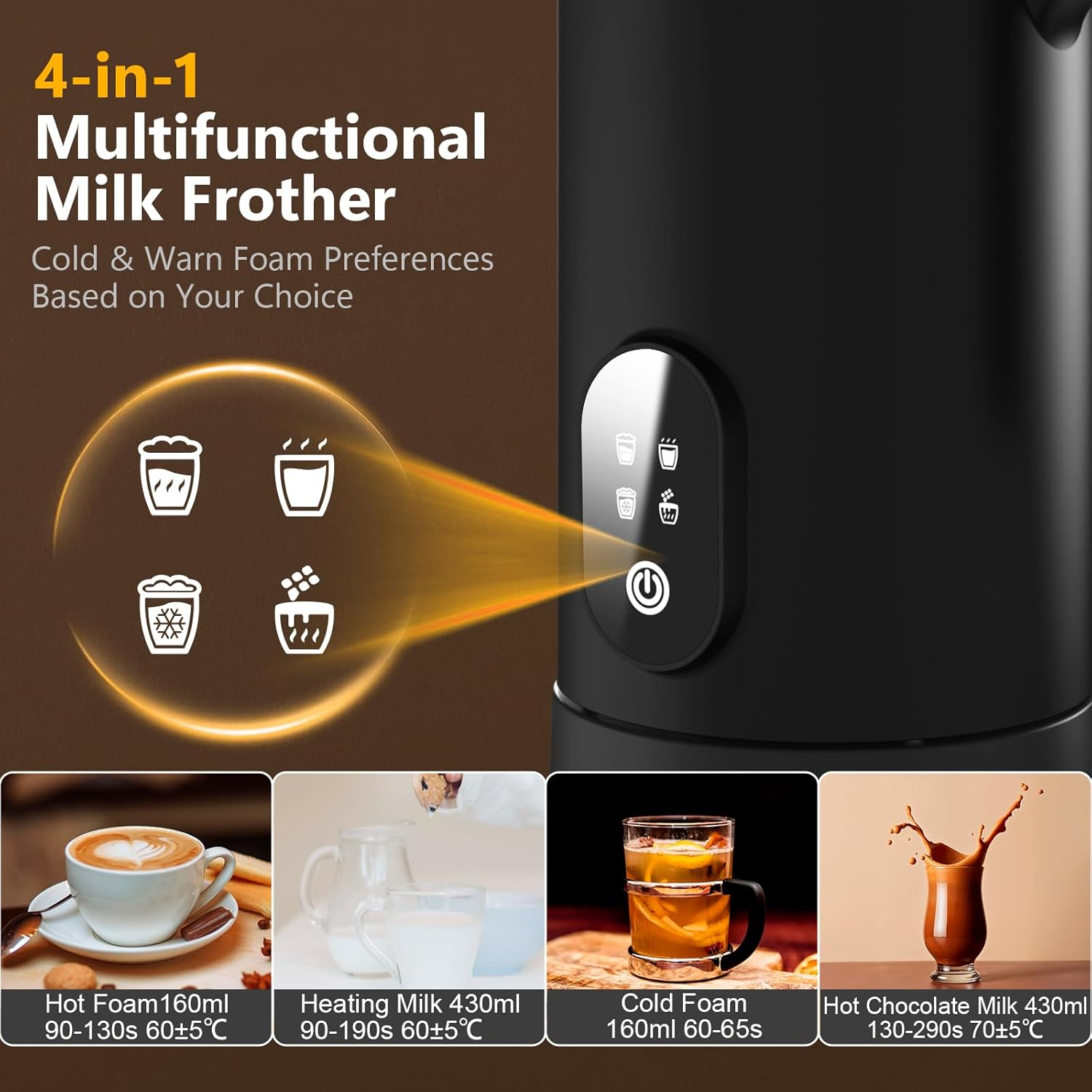 Milk Frother, [New Upgrade] 14.54Oz/430Ml Homtronics 4 in 1 Electric Milk Frother, Automatic Coffee Steamer Frother, Cold & Hot Foam Maker for Frothing Milk, Latte, Cappuccino, Macchiato-Black image number 4