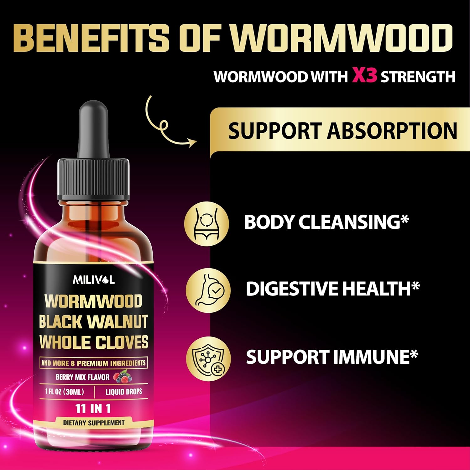 11In1 Black Walnut Wormwood Tincture Extract with Whole Cloves, Berberine and 8 More - 2 Months Supply - 1 Fl Oz - Berry Mix Flavor