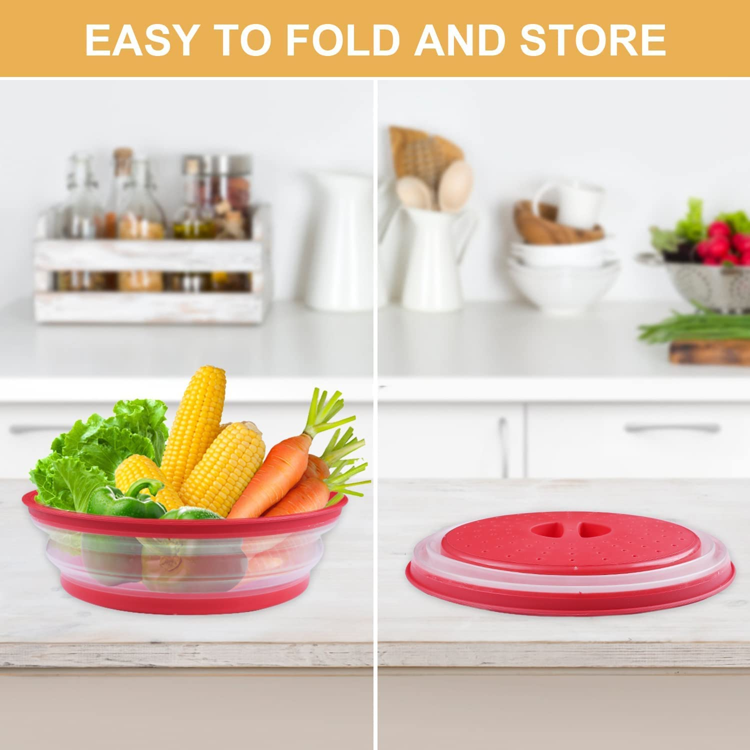 Vented Collapsible Microwave Splatter Cover,Food Cover,Colander Kitchen Gadget,Include Anti-Scald Silicone Mats,Dishwasher-Safe,Bpa-Freesilicone & Plastic（2Set Grey and Red) image number 5