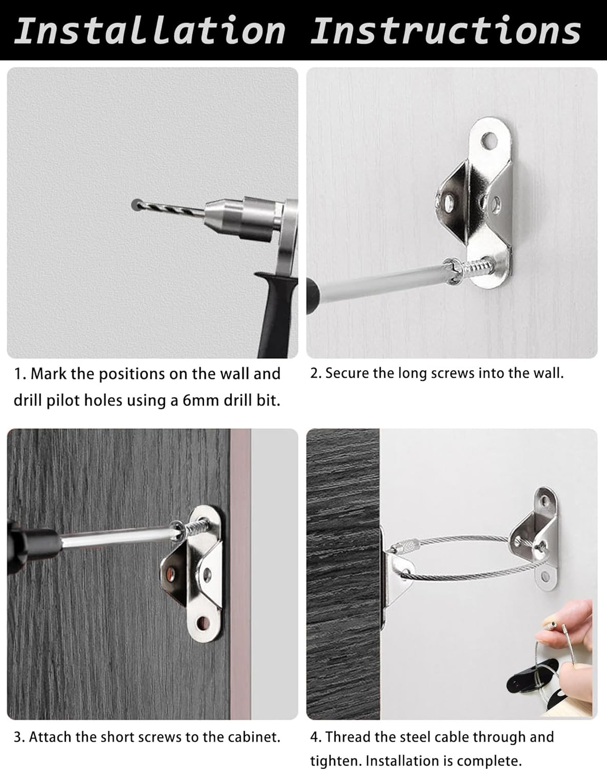 Furniture Wall Anchors 12 Pack, Baby Proof Anchors Stainless Steel anti Tip Furniture Straps, Black Furniture Anchors for Child Safety, Dresser Cabinet Bookshelf Anti-Tip Kit, DEMIBAZ - Silver image number 2