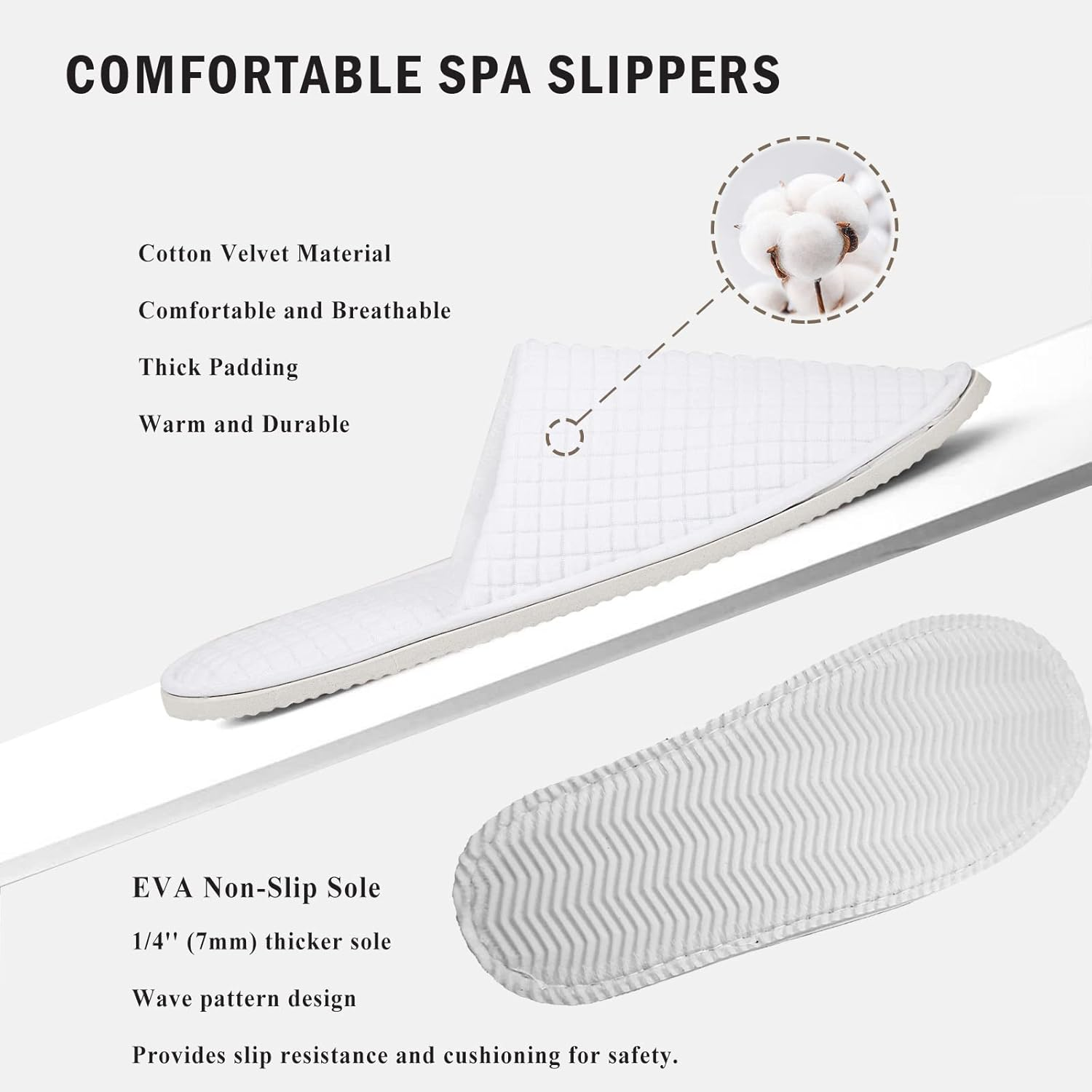 Anmerl 10 Pairs of Disposable Slippers for Hotel & Hosts - Non-Slip, Washable Cotton Velvet Slippers Unisex for Wellness, Travel, Events and Commercial Use, White, 44/46 EU