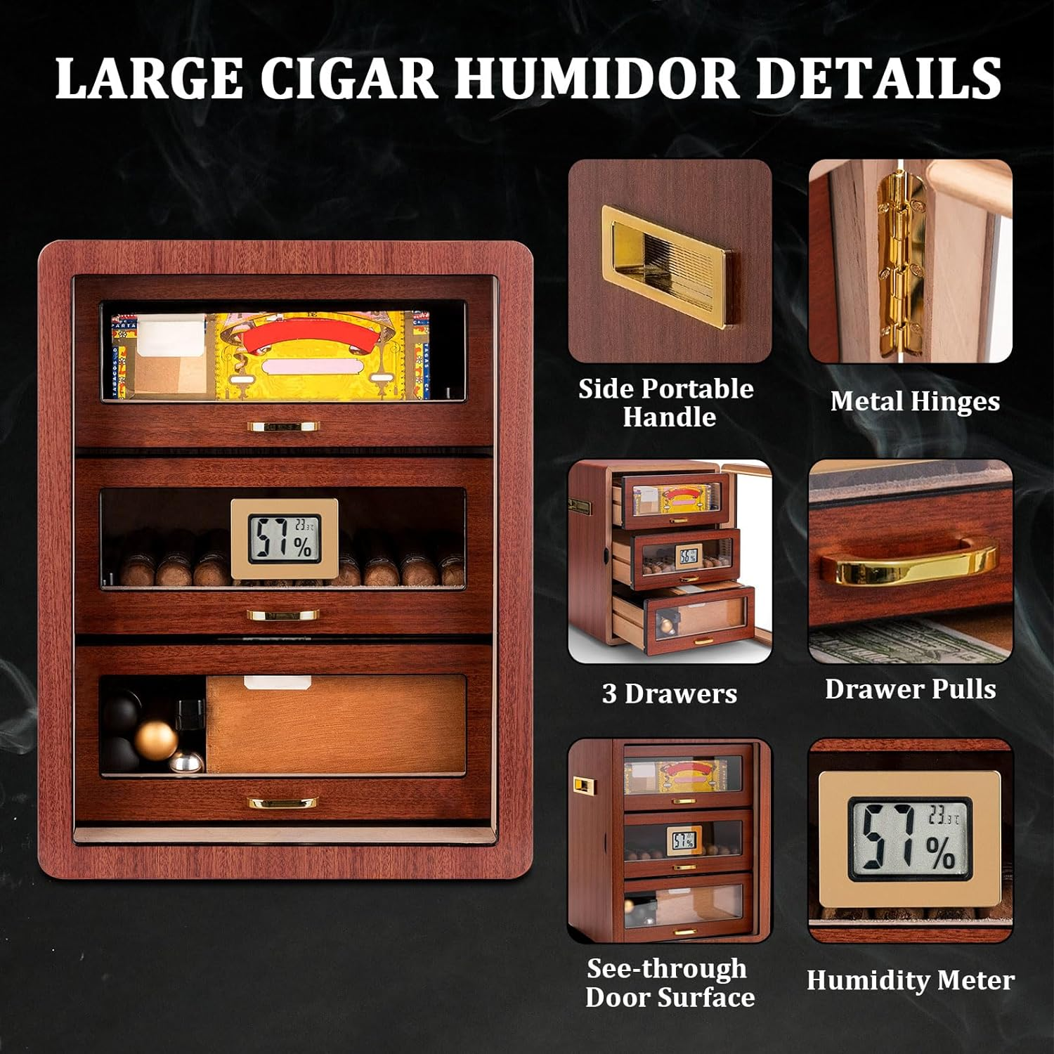 CIGARLOONG Cigar Humidor Cedar Wood 3 Drawers with Hygrometer and Humidifier Hidden Handle Moisturizing Box, Holds 100 Cigars Large Indoor Humidor（Cherry2） image number 1