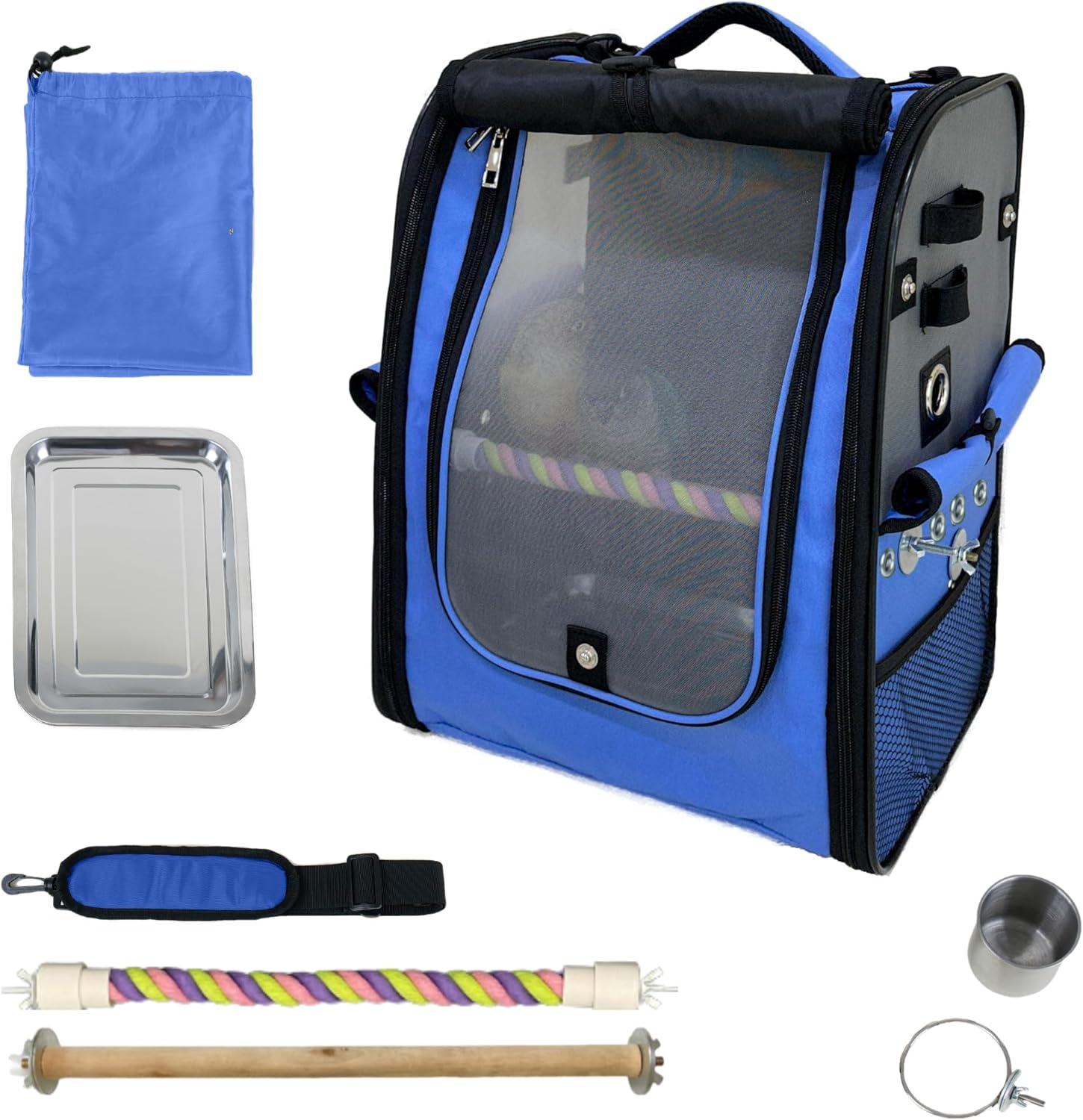 Birds Day Bird Carrier Backpack-Parrot Travel Cage with 2PCS Perch and Food Bowl, Stainless Steel Tray (Charcoal Gray, Small to Medium Birds)