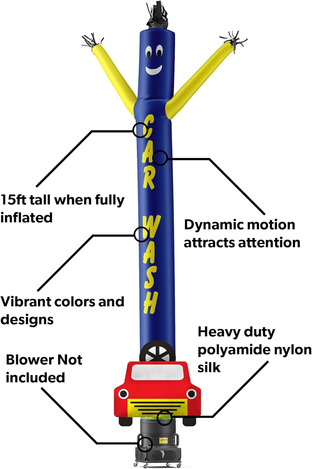 Lookourway Air Dancers Inflatable Tube Man Attachment - 15 Feet Tall Wacky Waving Inflatable Dancing Tube Guy for Business Promotion (Blower Not Included) - Car Wash with Car Shape
