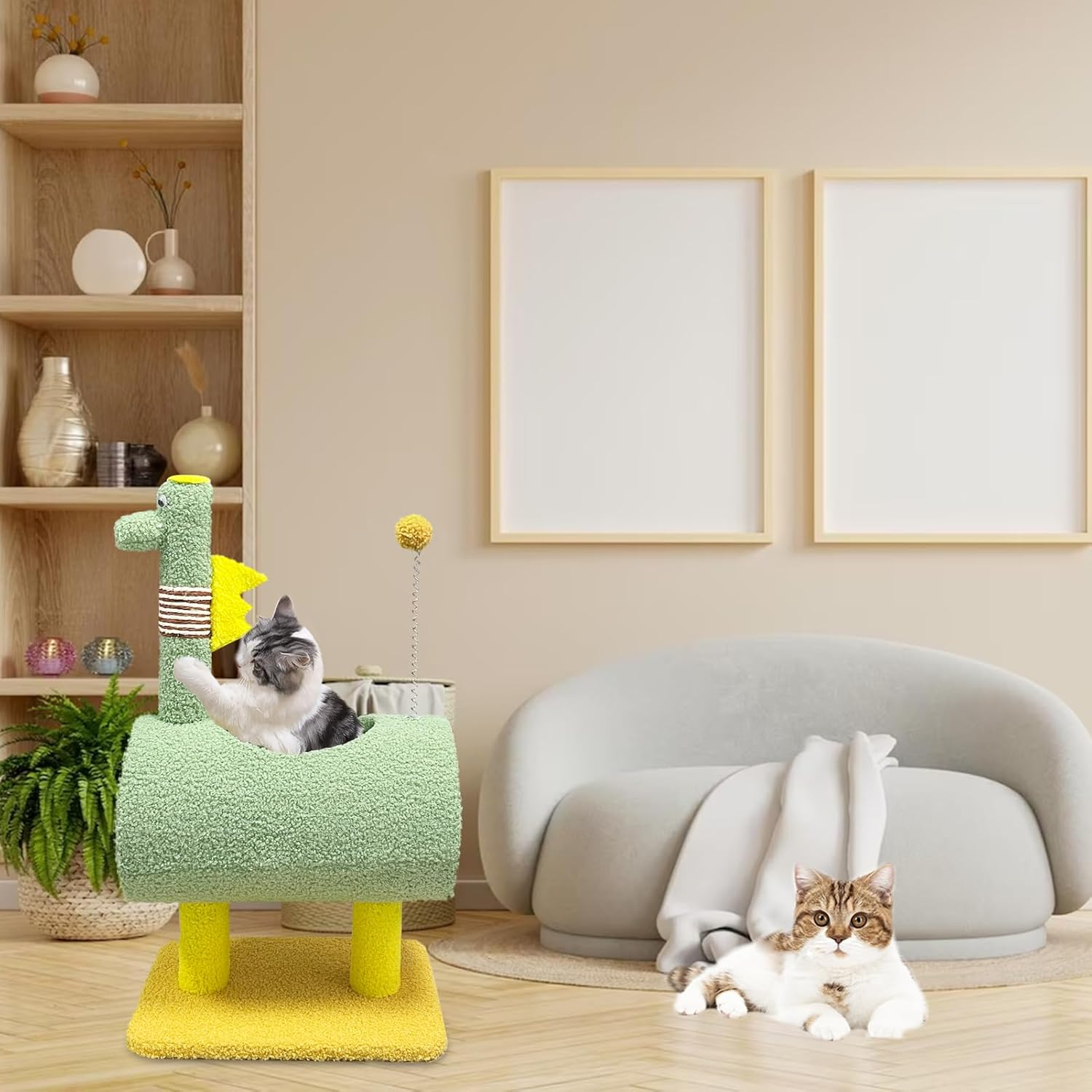 Cute Cat Tree, Cat Scratching Post with Tunnel, 28In Cat Climbing Tower, Handcrafted Sisal Cat Tree for Indoor Cats Kittens Green image number 4