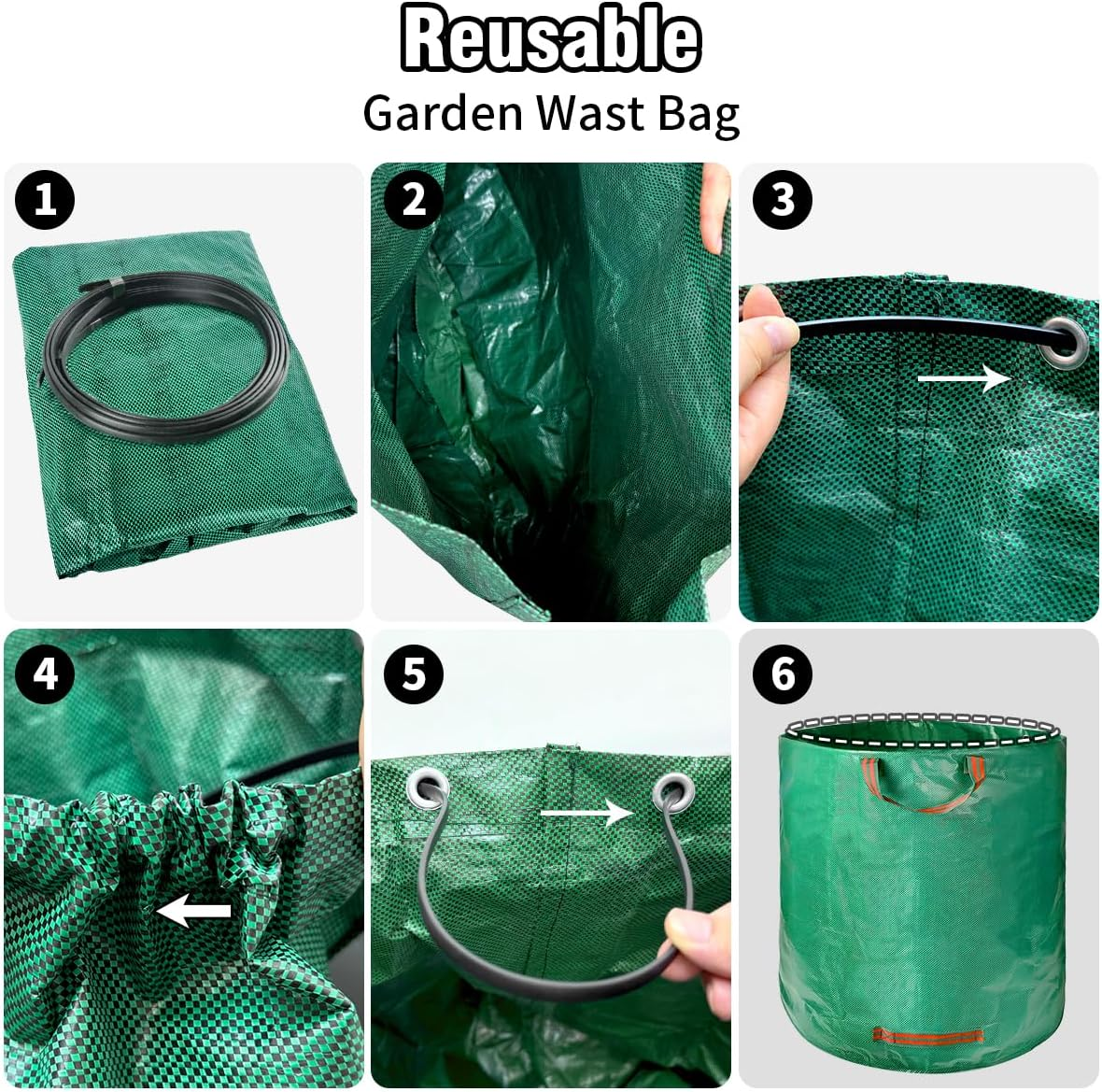 Garden Waste Bags Heavy Duty Reusable Garden Bags with Handles, 500L Large Garden Refuse Rubbish Sacks Green for Yard Debris Grass Cuttings Garbage Leaves Collection, Gardening Supplies image number 6