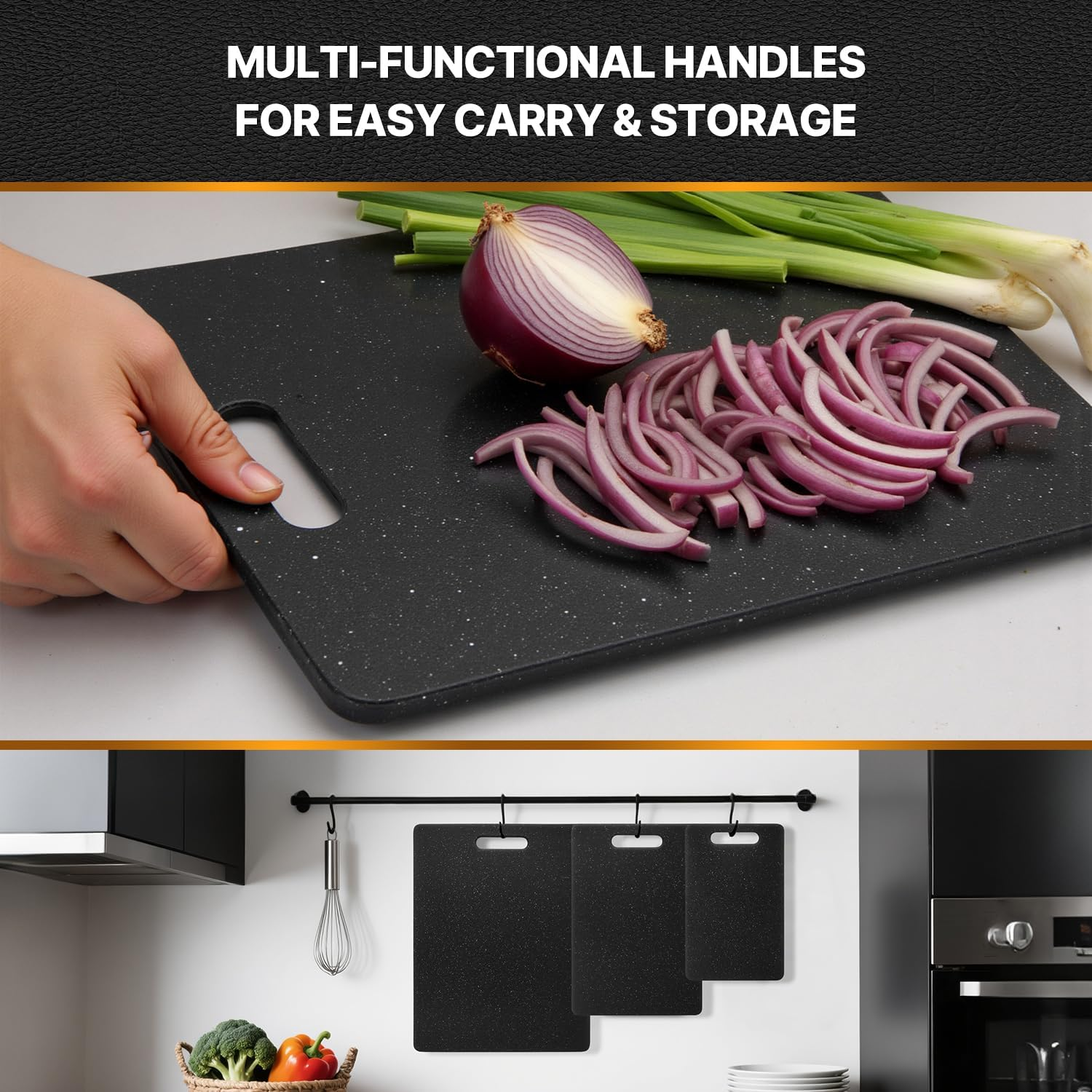 Sydroya Chopping Board Set, 3-Piece Non-Slip Cutting Boards for Kitchen, Easy Grip Handle Dishwasher Safe Chopping Board for Food Fruits Vegetables, Bpa-Free Plastic, Black image number 6