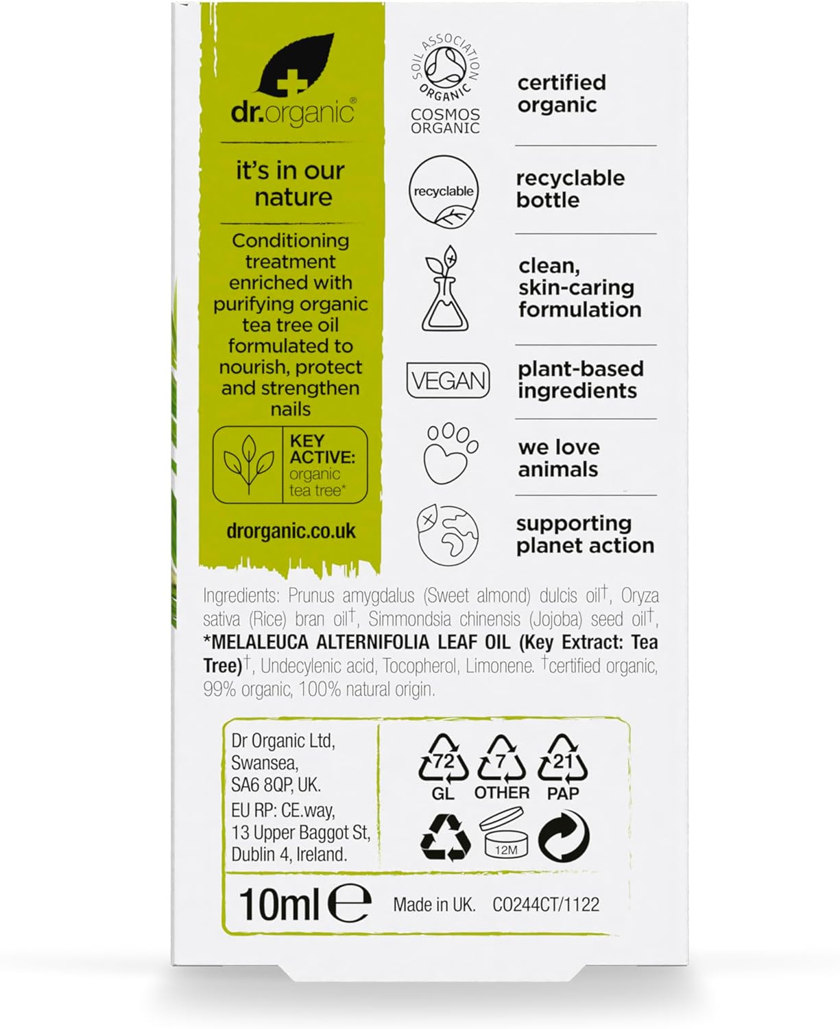 Dr Organic Tea Tree Nail Solution, Purifying, Conditioning, Mens, Womens, Natural, Vegan, Cruelty-Free, Paraben & Sls-Free, Recyclable & Recycled Ocean Bound Plastic, Certified Organic, 10Ml image number 1
