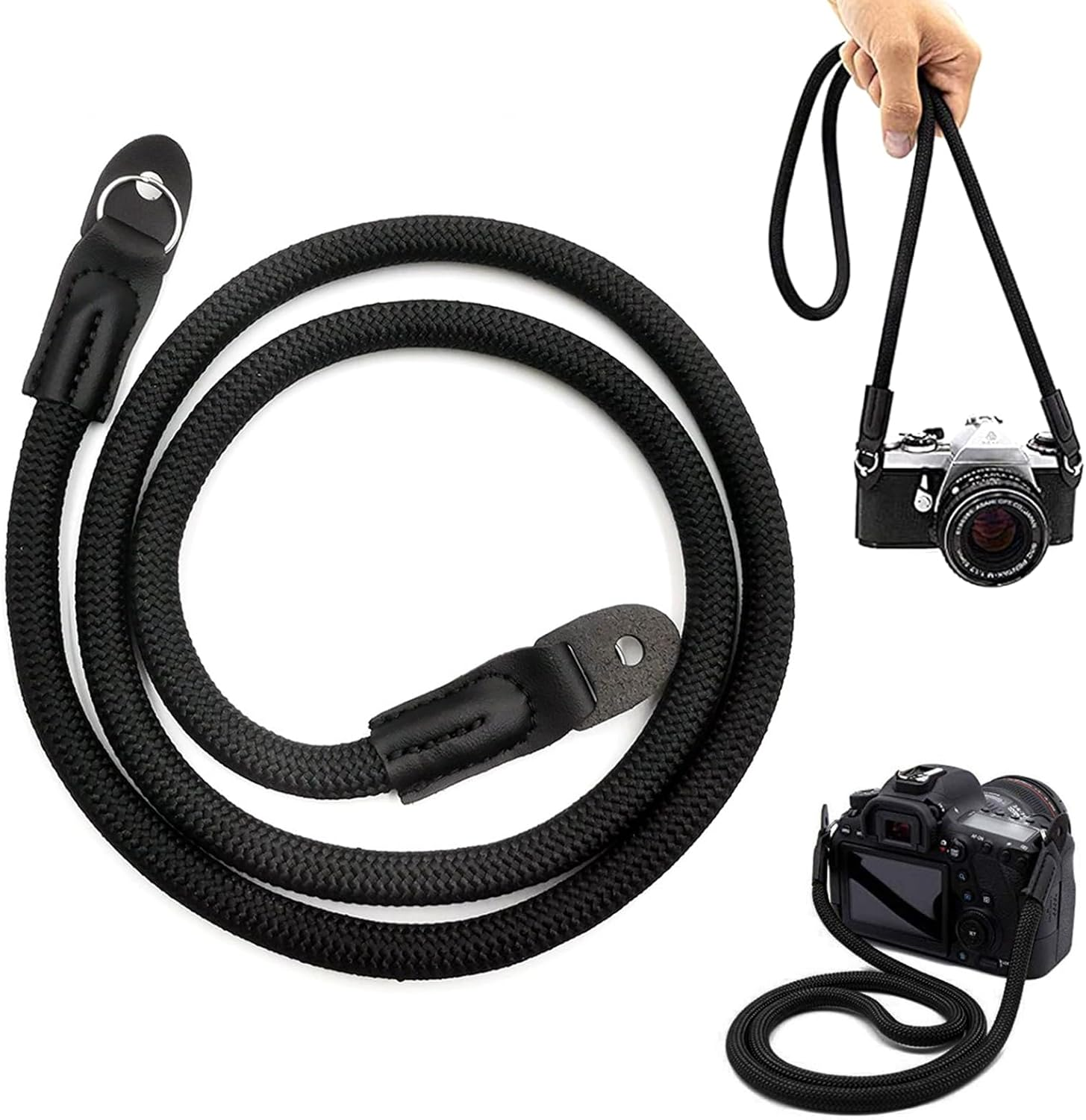 Camera Hand and Neck Shoulder Straps for DSLR Mirrorless Micro Single Cameras, Quick Release Wrist Strap with Safer Connector and Vintage Climbing Rope Strap for Secure Comfortable Carry(Color:Black.) image number 3
