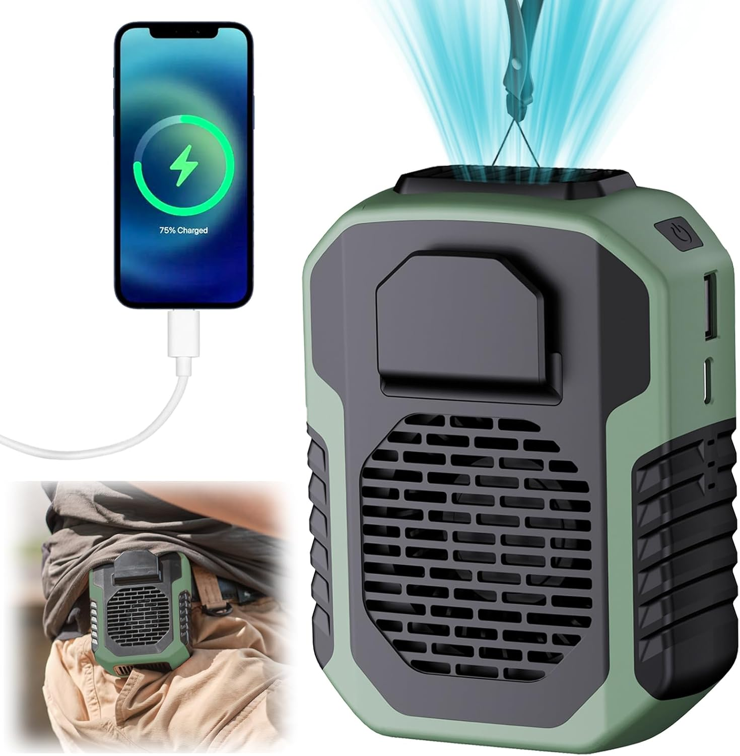 Portable Waist Fan, 6000Mah Personal Cooling Fan Clip on Wearable Belt, Rechargeable Belt Fan, 3 Speeds Wind, Hands-Free Neck Fan Shirt Fan for Camping/Travel/Sport/Outdoor Workers, Army Green image number 4