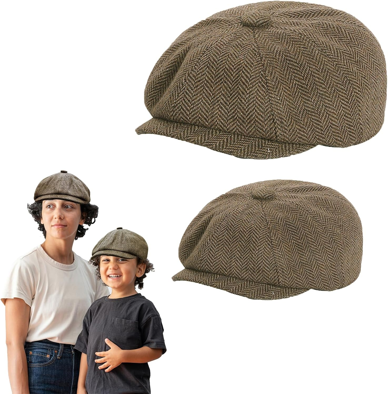 Unisex Parent-Child Beret Cap Tweed Flat Cap Octagonal Newsboy Gatsby Peaked Cap image number 1