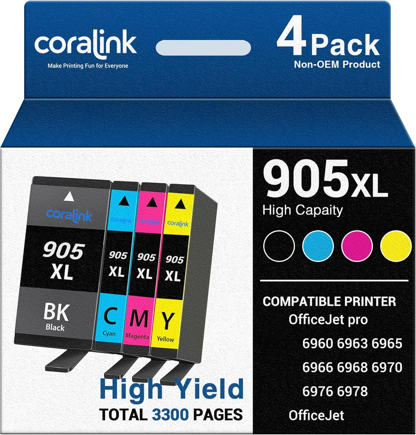 Coralink 905Xl Cartridges Remanufactured 905Xl Compatible for Hp Ink Woks with Officejet Pro 6968 6978 6960 6963 6965 6966 6970 6976 6950 6956 Inkjet Printer High Yield Capacity 905 (BK/C/M/Y 4Pack)
