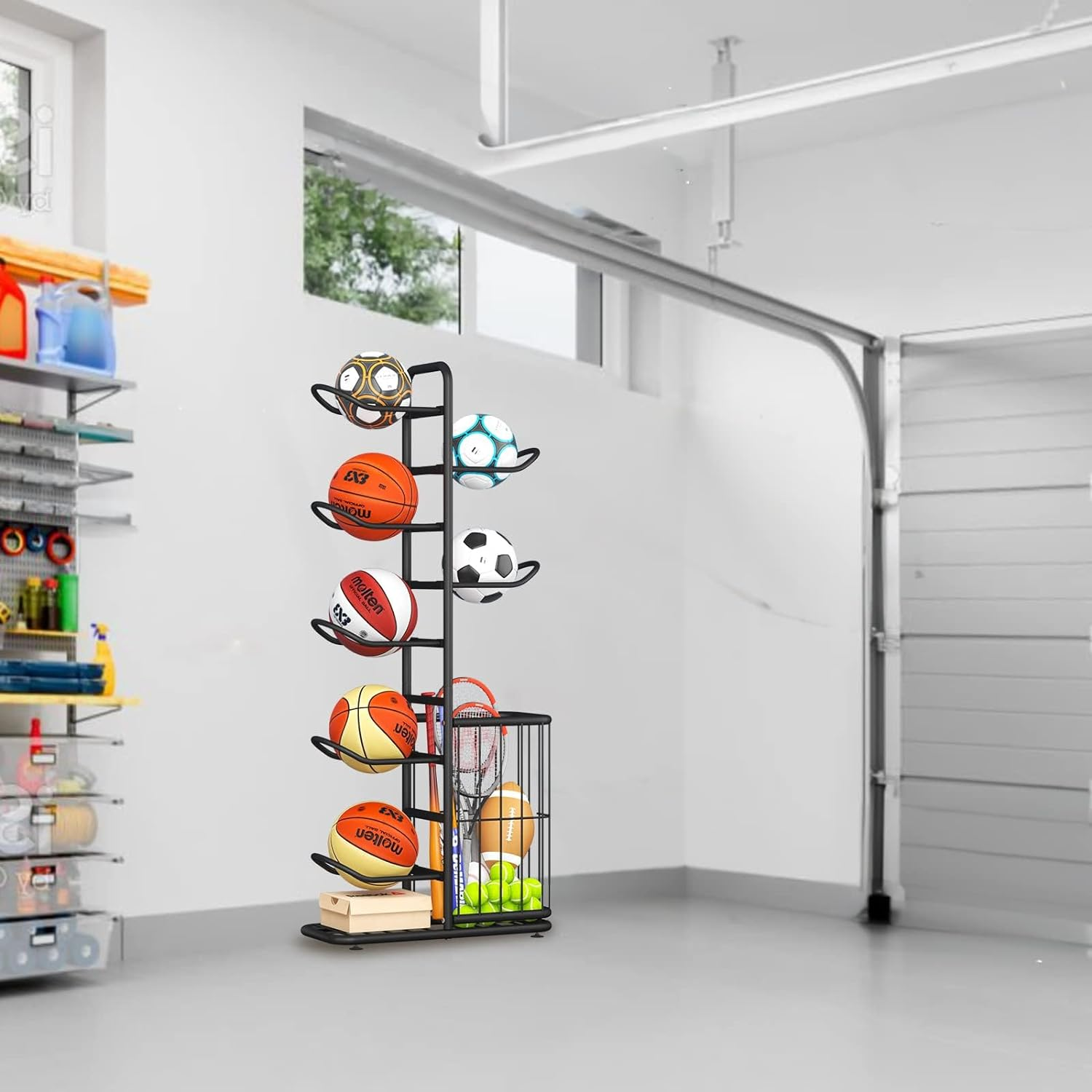 Ball Storage Rack, Football Stand, Ball Storage Garage, Ball Holder, Sports Equipment Storage for Garage, Basketball Organizer Rack with Basket, Toy/Sports Gear Storage Indoor (7 Balls with Basket) image number 1