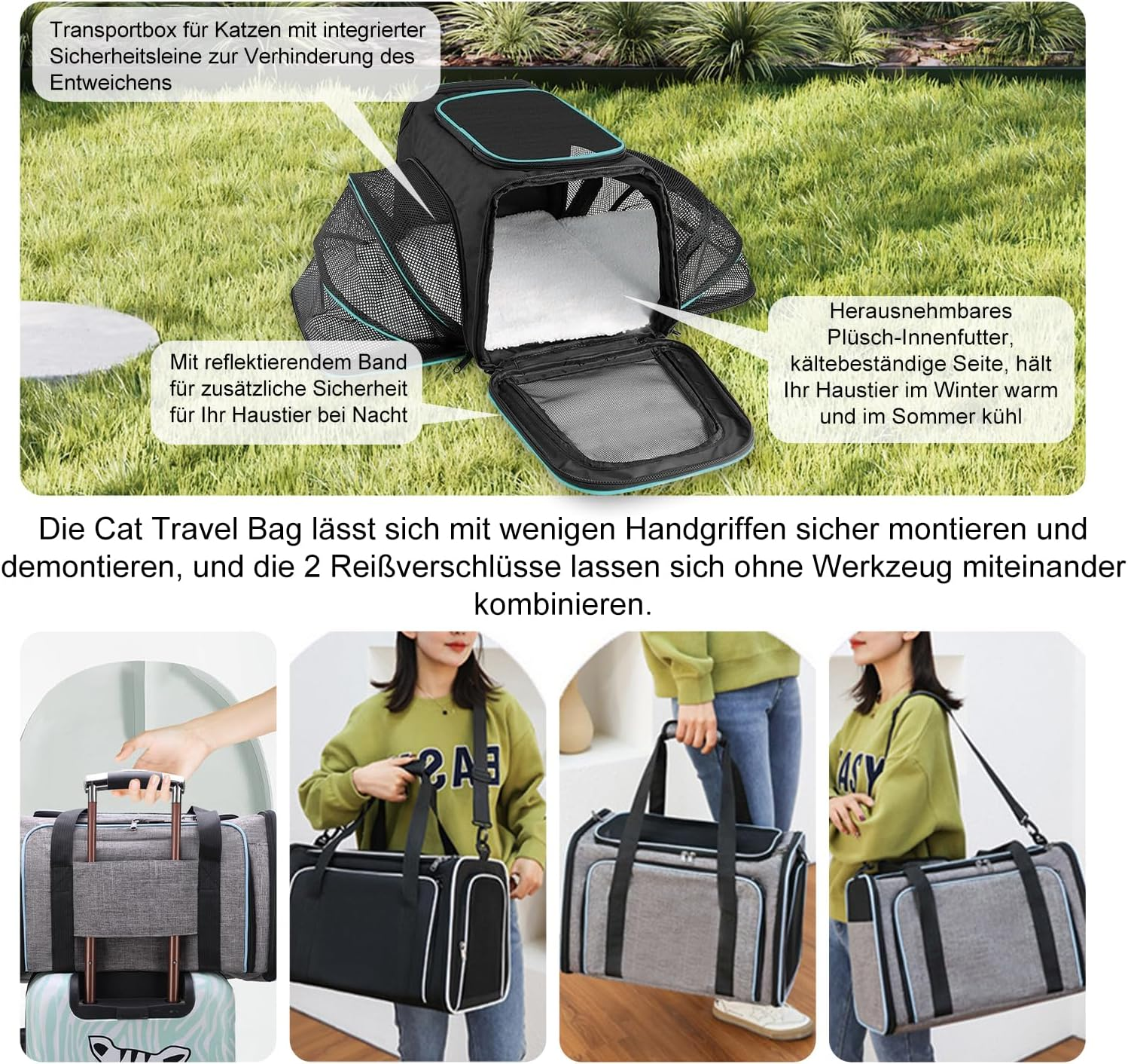 Cat and Dog Transport Bag, Expandable Transport Box, Foldable Carry Bag for Cats, Small Dogs, Cats, Dog Bag, Pet Bag in the Car, Vehicle or Train (Grey + Blue) image number 2