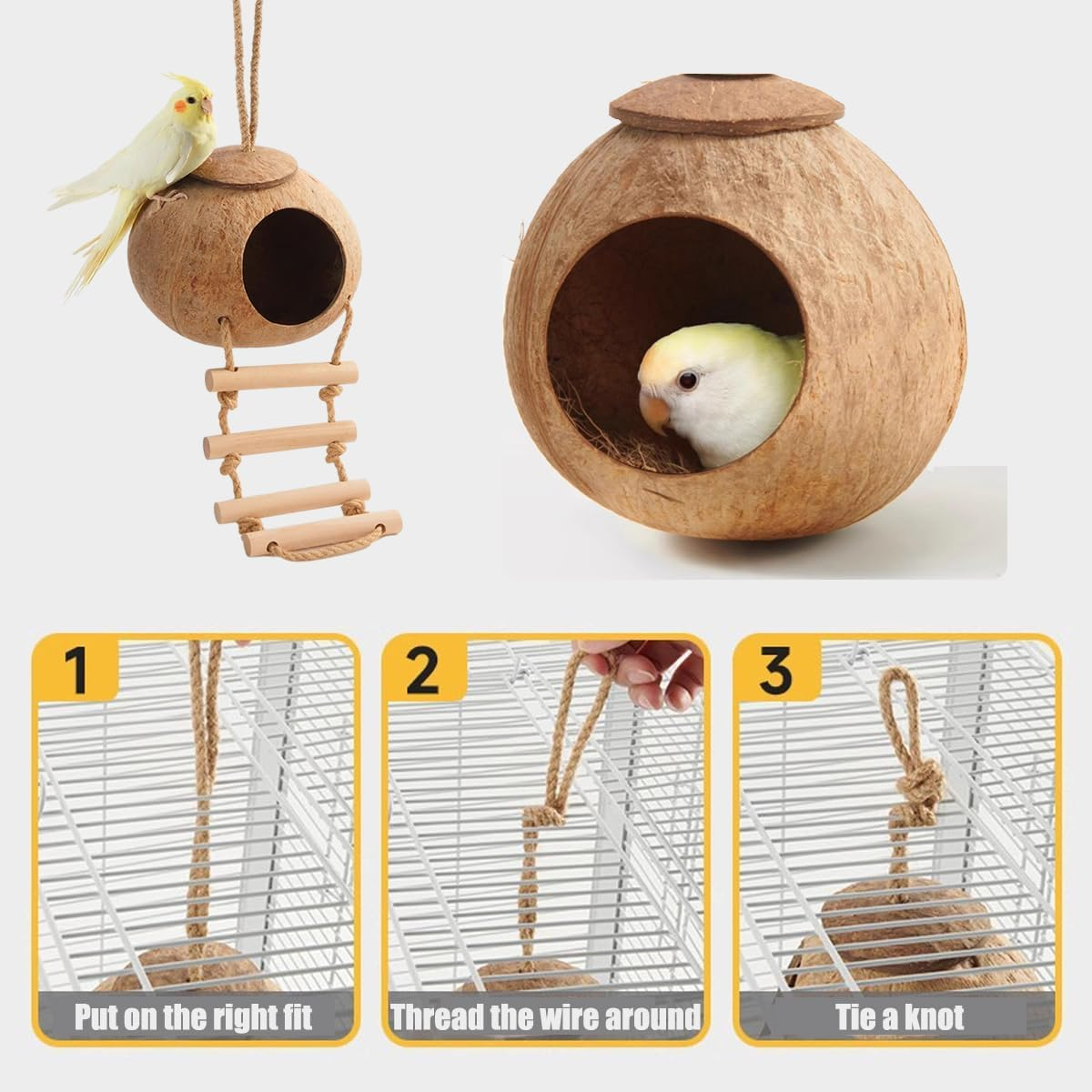 AIMALL Natural Coconut Shell Bird Nest, Spacious and Secure Habitat for Parrots and Parakeets, Easy to Install, Ideal for Nesting and Play, Natural Finish image number 6