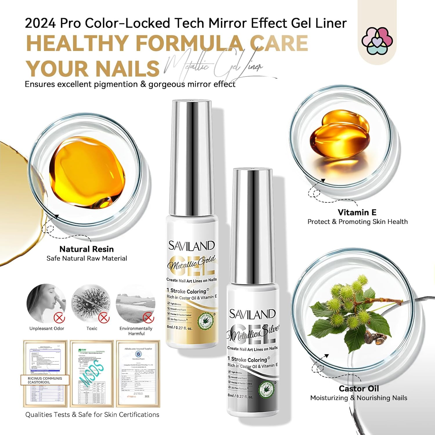 SAVILAND Metallic Gel Nail Polish Liner Ultra-Smooth: 2 Pcs Silver&Gold Metallic Gel Liner Halloween Nail Art image number 6