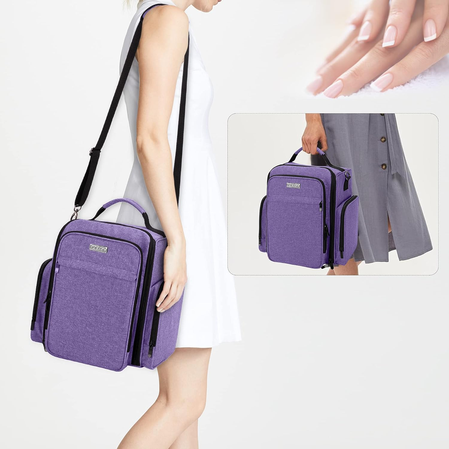 BAFASO Nail Polish Organizer Holds 48 Bottles (15Ml - 0.5 Fl.Oz) and a Nail Lamp, Large Nail Polish Case with 2 Removable Pouches and Multiple Storage Sections (Patented Design), Purple image number 1