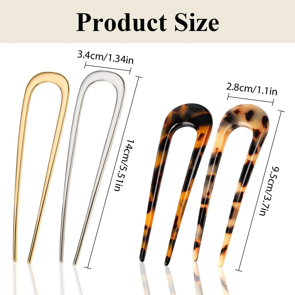 4 Pcs U Shaped Hair Fork Set for Women, Metal French Hair Pins in Gold & Silver with 2 Tortoise Shell Hair Sticks, Strong Hold Bun Pin for Updos Thick Hair Styling Bridal & Everyday Use image number 5