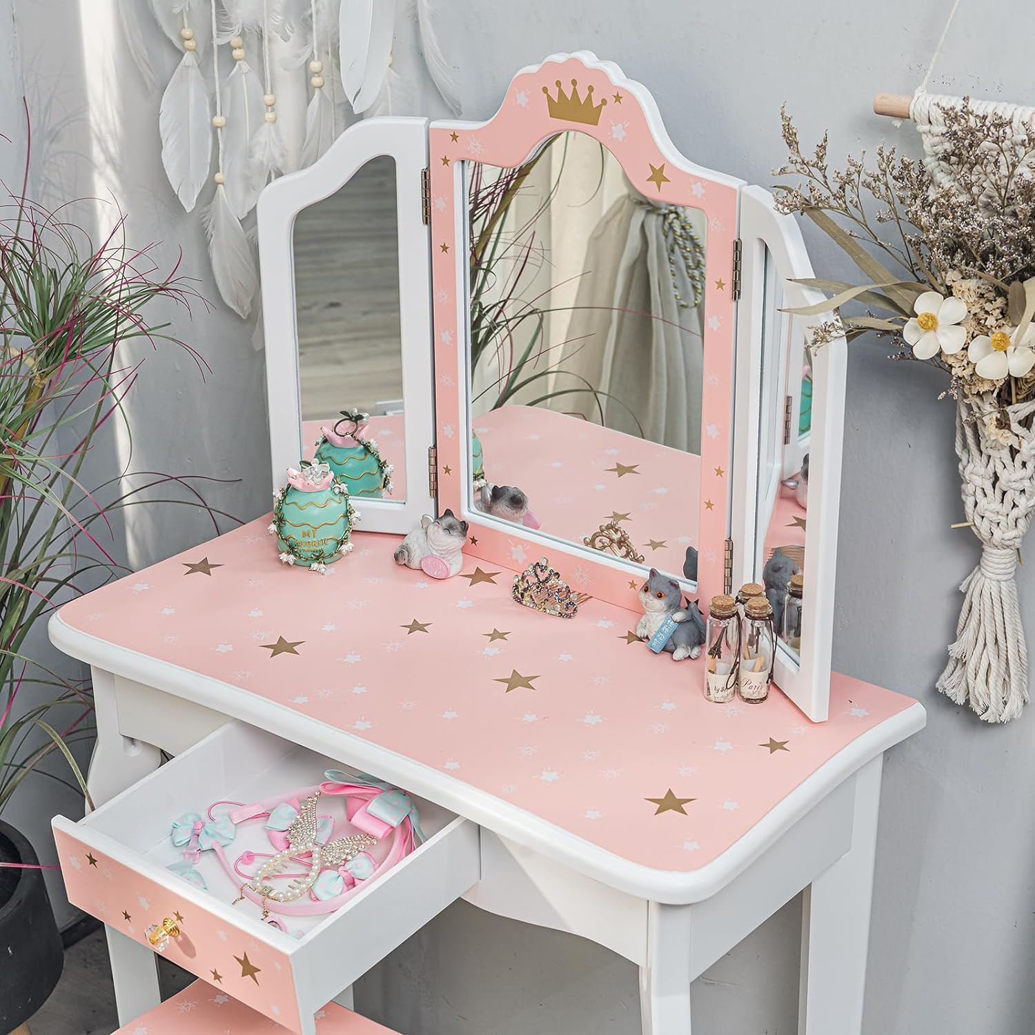 Kids Vanity Table and Chair Set, Princess Makeup Dressing Table with Detachable & Tri-Folding Mirror & Drawer, Anti-Tipping, 2 in 1 Kids Dresser for Kids Room, Christmas & Birthday image number 4