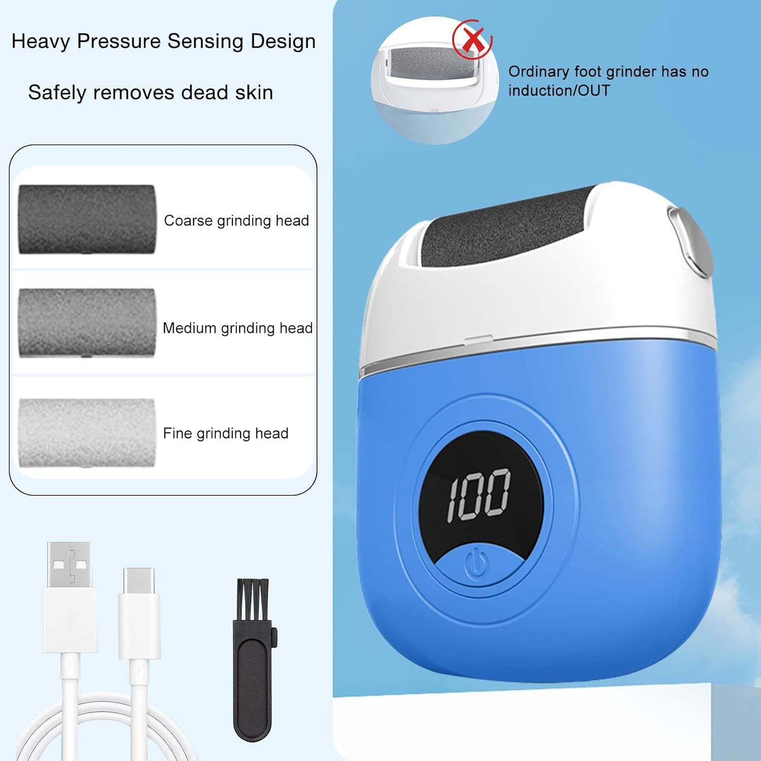 Electric Foot Callus Remover, 2024 New USB Rechargeable Foot Repair and Grinding Device, Heel Polisher Digital Display, Electric Foot Exfoliating Scrubber with 3 Grinding Heads 2 Speeds (Blue) image number 6