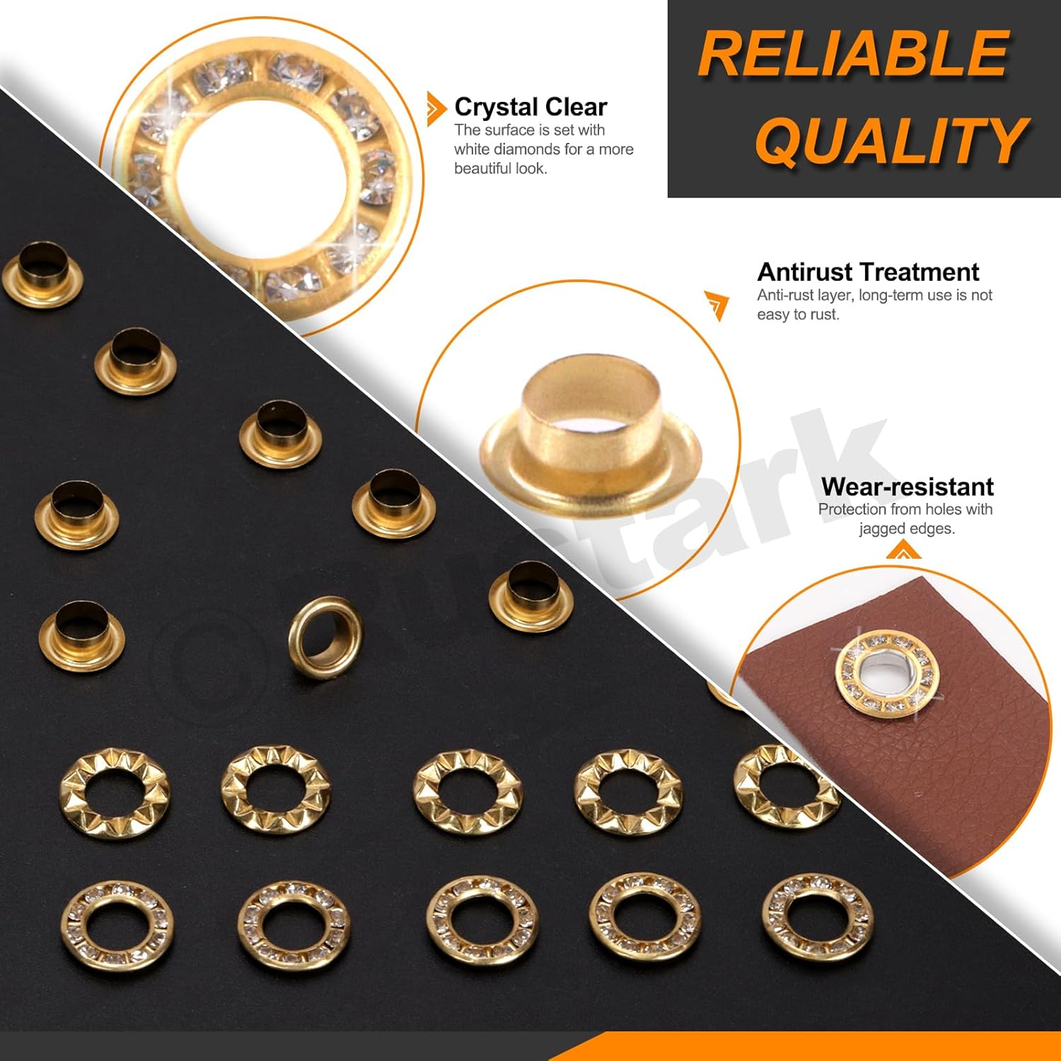 Rustark 100Pcs Gold 1/4 Inch Rhinestone Eyelet Grommet Eyelets and Grommets with Sparkling Design Metal Eyelet with Washer Hole Punch Shiny Rhinestone Boot Eyelet for Clothing Crafts DIY Projects image number 1