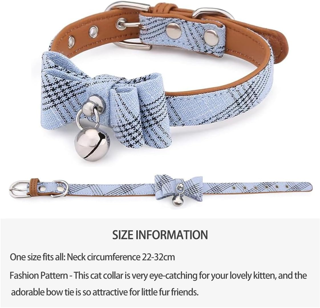 Cat Collar Breakaway Stylish Plaid Kitten Collar with Decorative Bow Tie and Bell for Pet (Neck 22-23Cm, Blue) image number 4