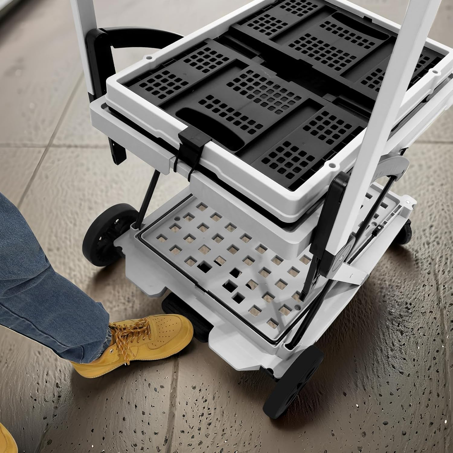 SNSUTY Folding Shopping Cart, 30 19 44 In, 200 Lbs Multi Functional Collapsible Carts with 2 Storage Crates, Folding Trolley with Wheels, Double Layer Portable Trolley for Supermarket, Office（Gray）